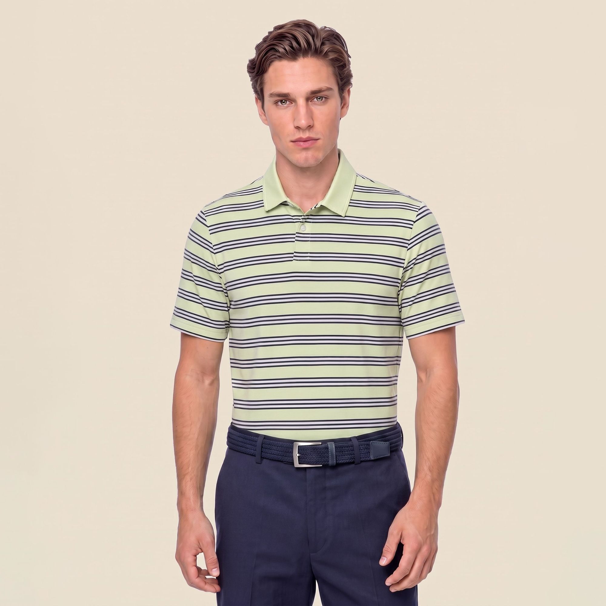 Ashworth Men's Classic Stripe Golf Polo, Medium, Lime Multi Green