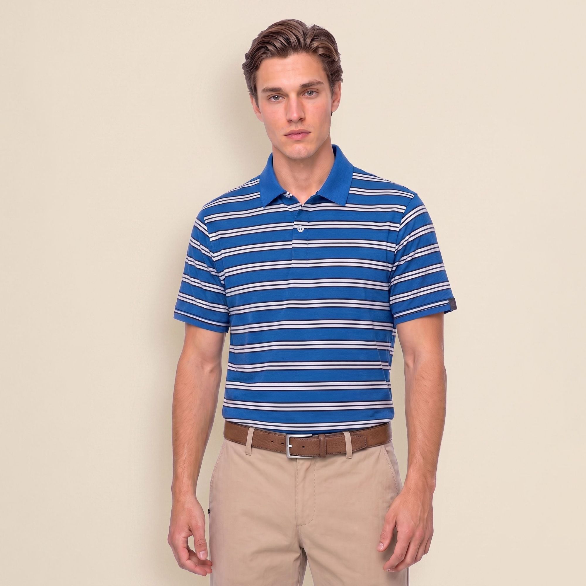 Ashworth Men's Classic Stripe Golf Polo, Medium, Sail Multi Brown