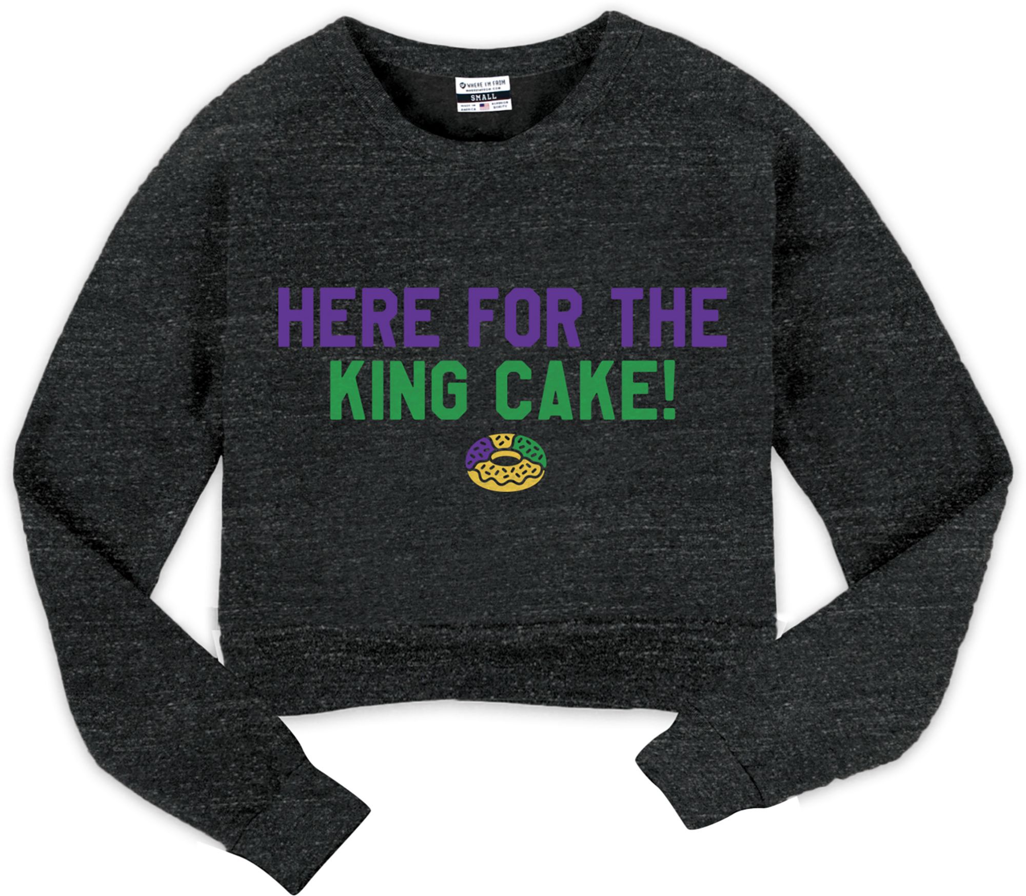 Where I'm From Women's New Orleans Mardi Gras Black King Cake Cropped Long Sleeve T-Shirt