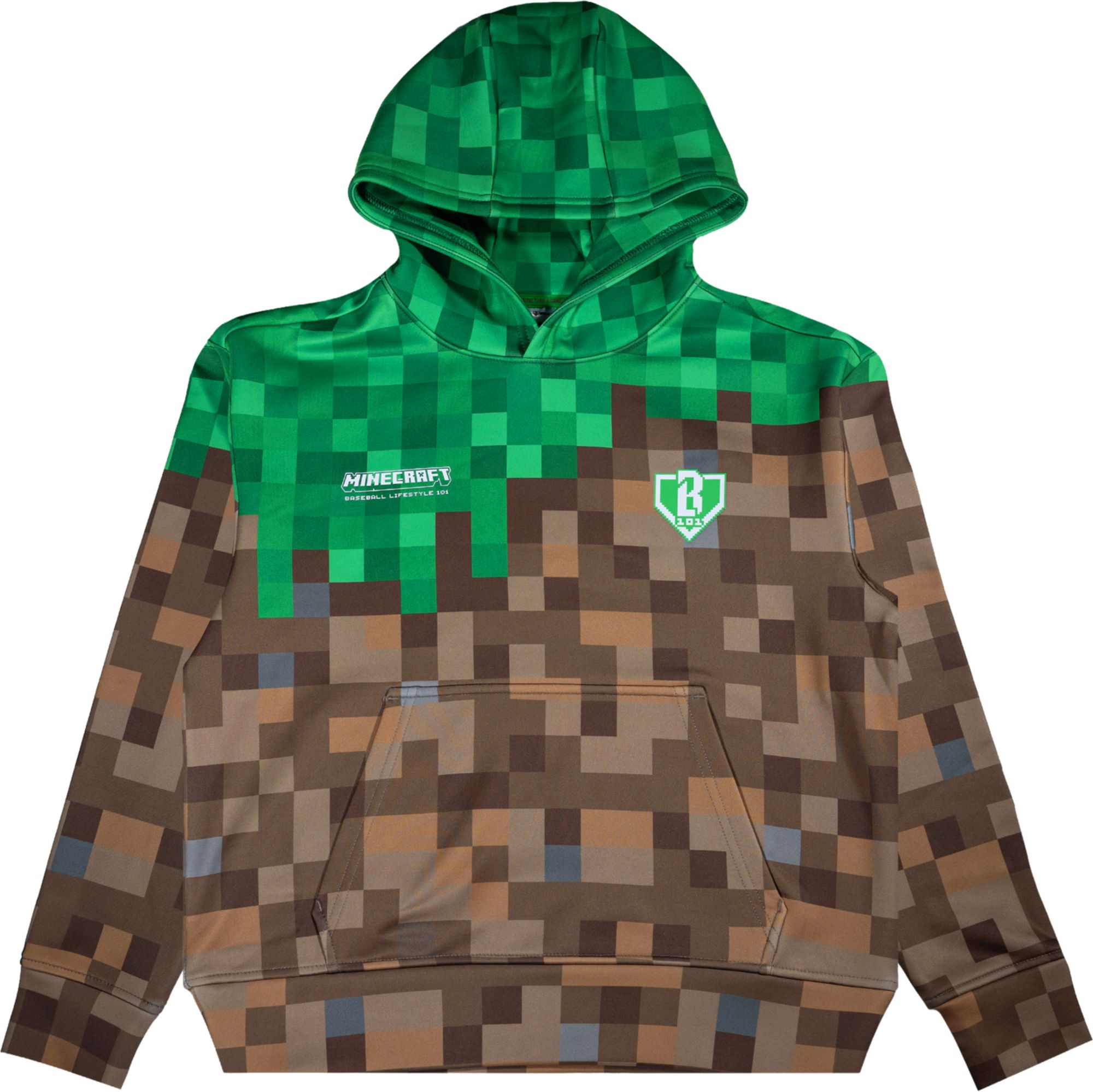 Baseball Lifestyle 101 x Minecraft Boys' Grass Block Hoodie, Large, Green/Brown