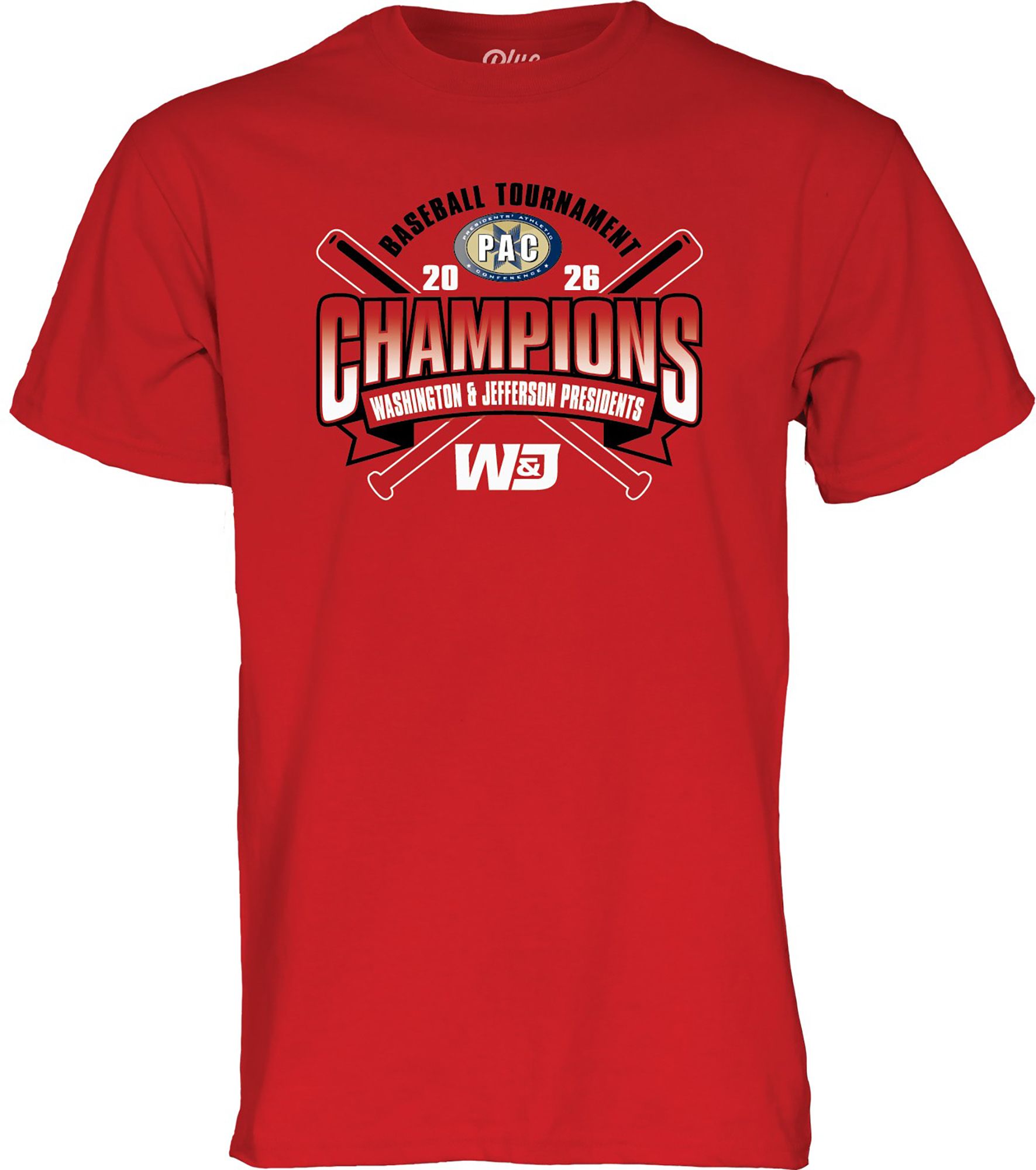Blue 84 Adult 2026 Baseball PAC Conference Champions Washington & Jefferson Presidents T-Shirt
