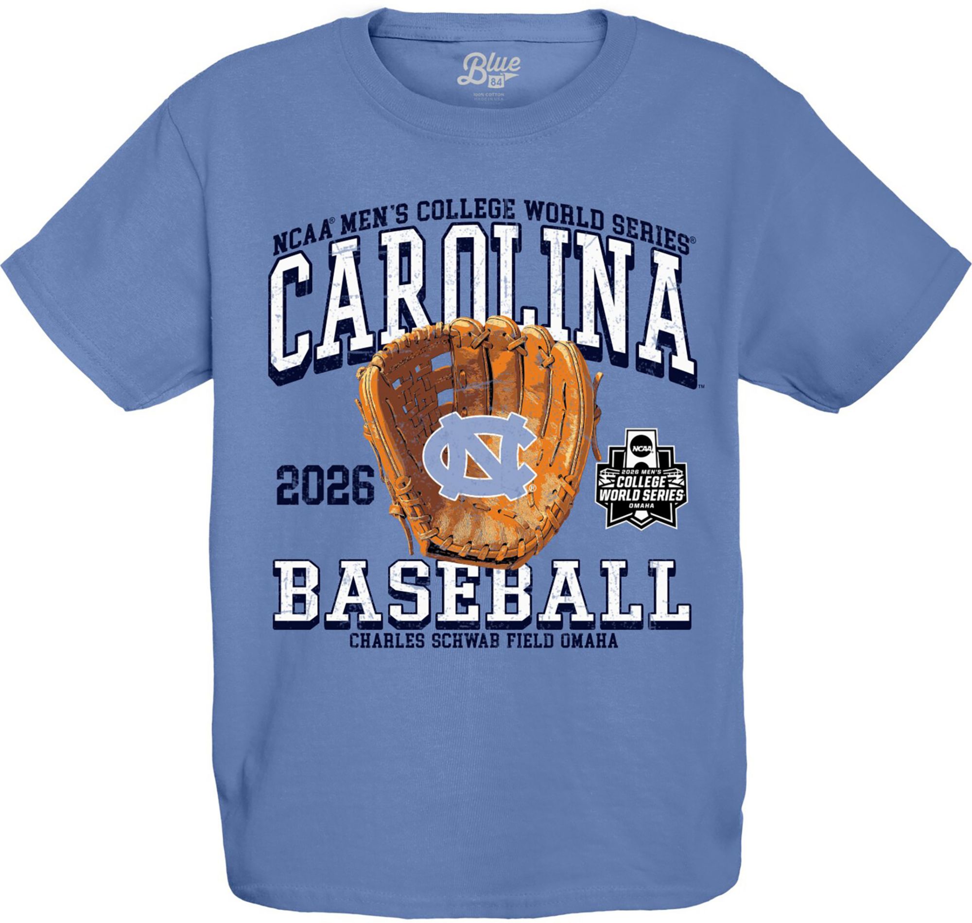 Blue 84 Youth 2026 College World Series North Carolina Tar Heels Baseball Glove T-Shirt