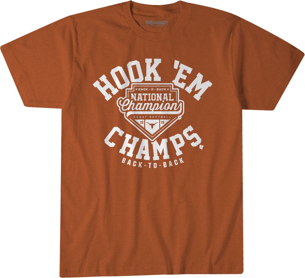 BreakingT Youth 2026 Women's College World Series Softball Champions Texas Longhorns Hook 'Em Back-to-Back Champs Orange T-Shirt