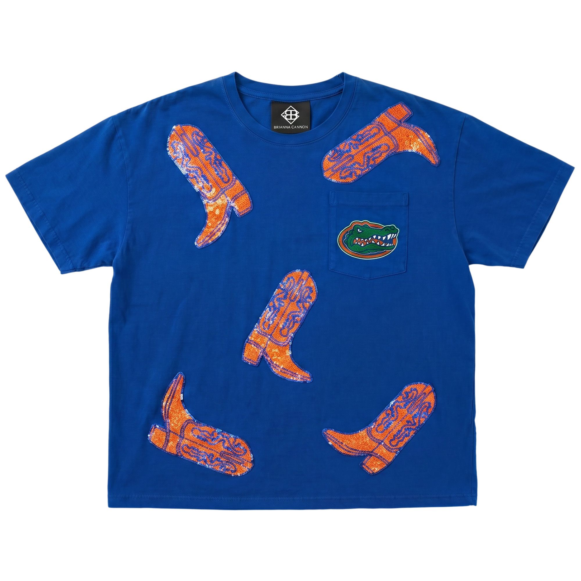 Brianna Cannon Women's Florida Gators Blue Sequin Cowboy Boot T-Shirt