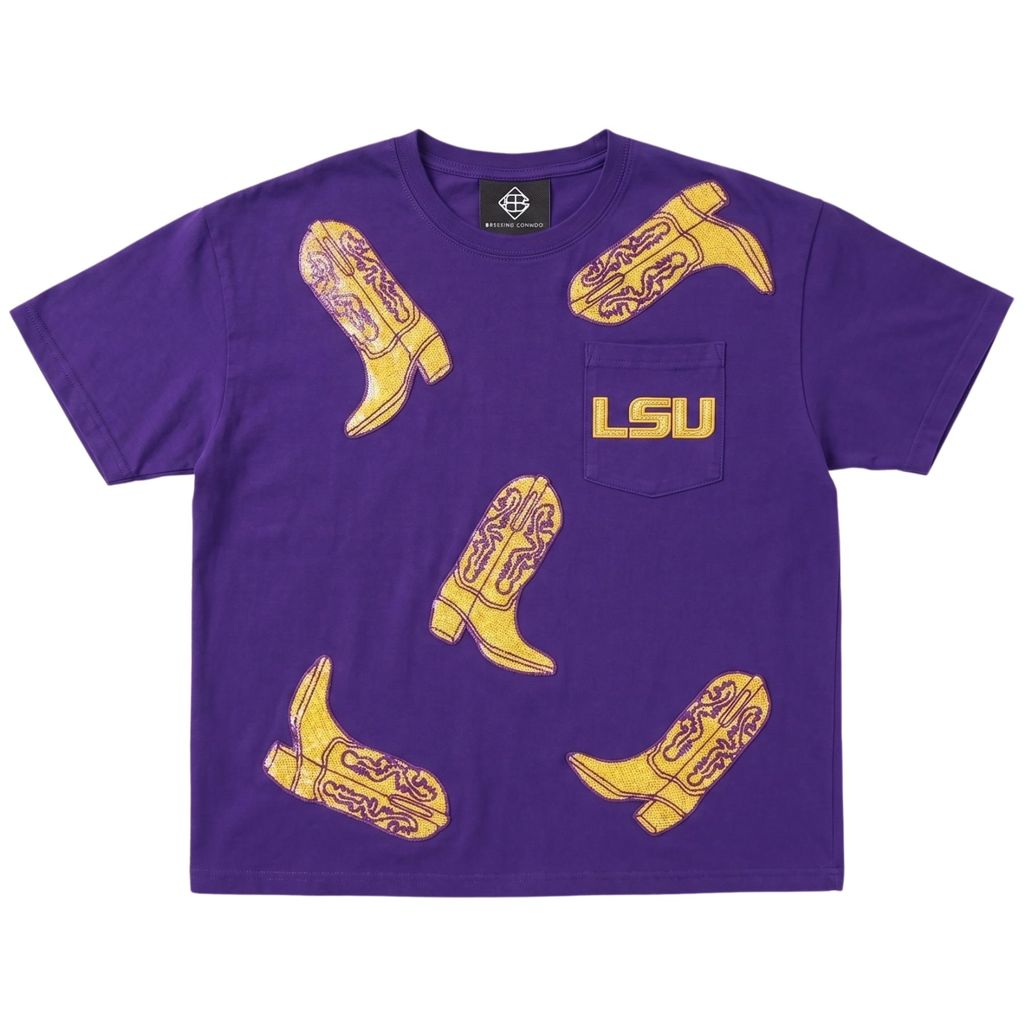 Brianna Cannon Women's LSU Tigers Purple Sequin Cowboy Boot T-Shirt