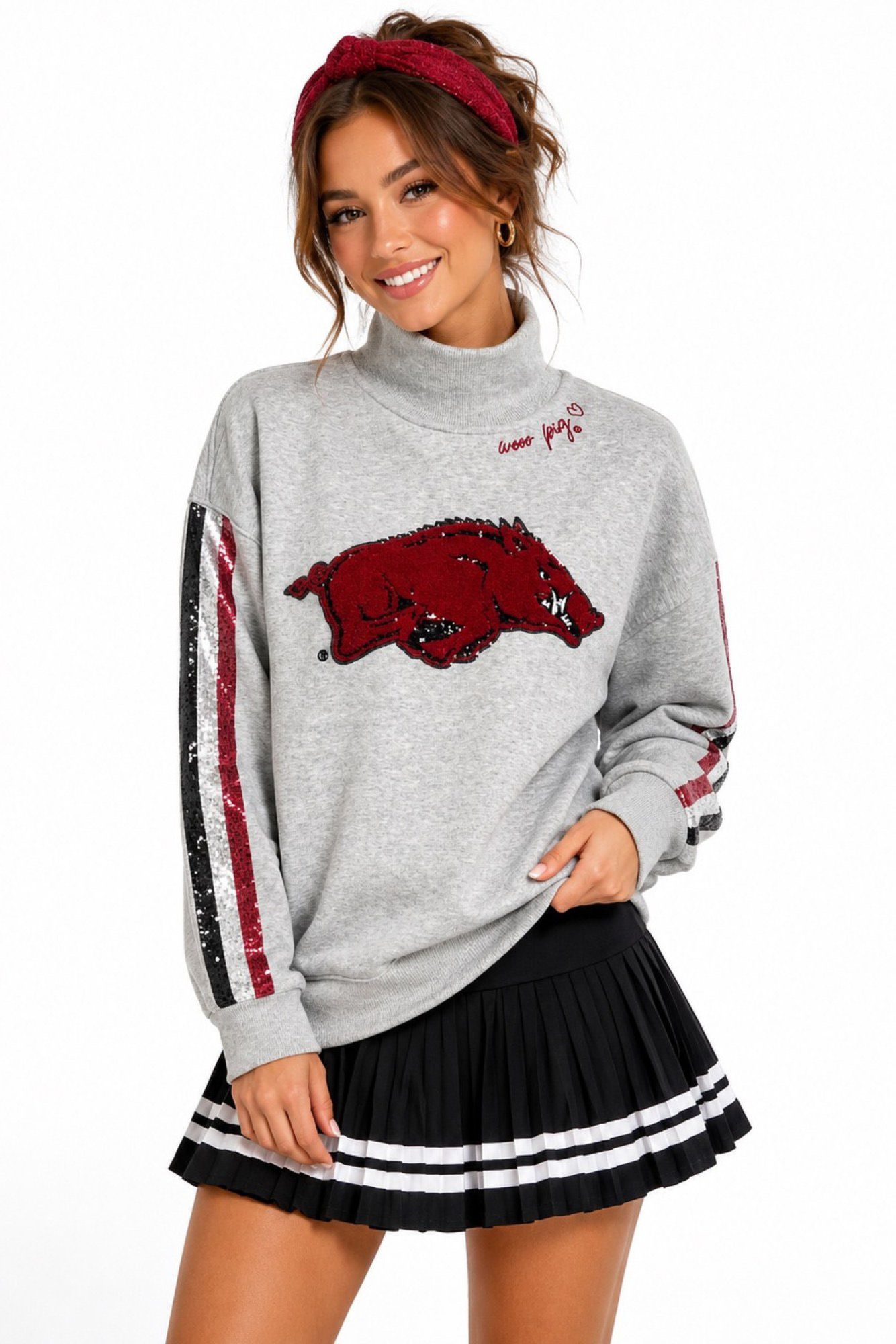 Brianna Cannon Women's Arkansas Mock Neck Sequin Stripe Sweatshirt
