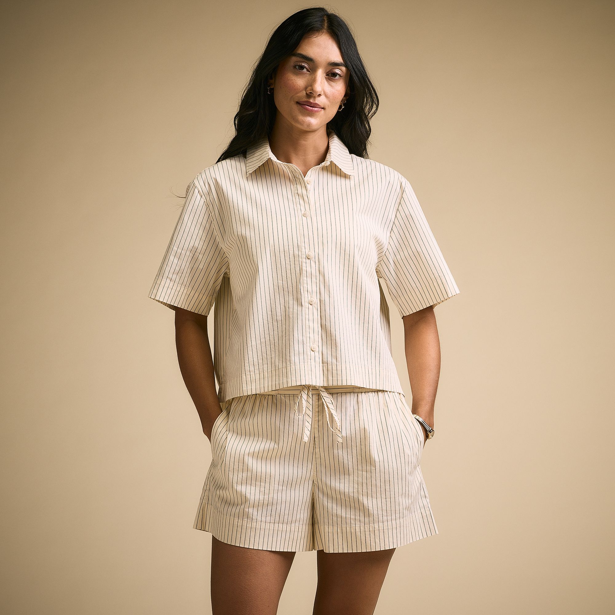 CALIA Women's Poplin Short Sleeve Boxy Button Down