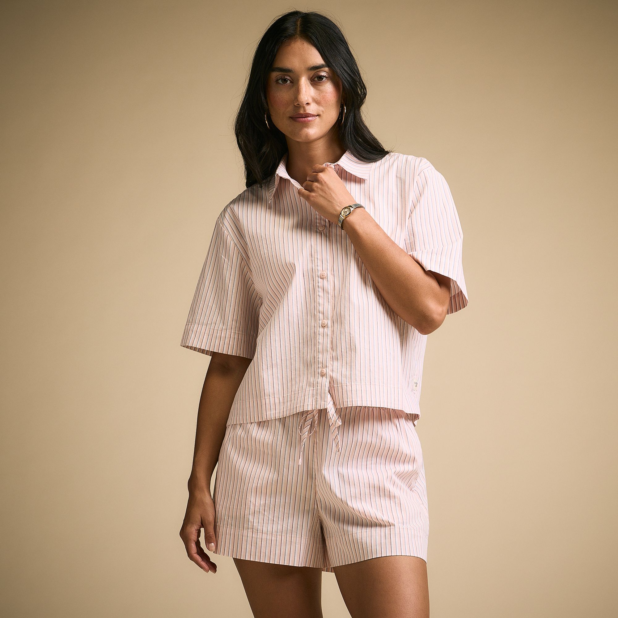 CALIA Women's Poplin Short Sleeve Boxy Button Down