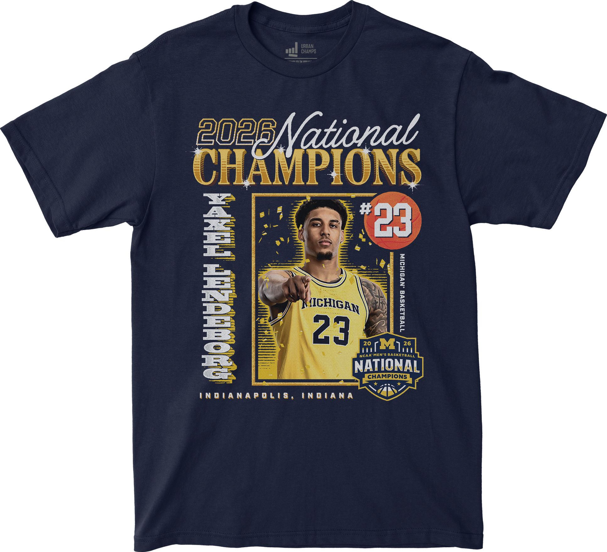 Campus Ink Adult 2026 Men's Basketball National Champions Michigan Wolverines Yaxel Lendeborg T-Shirt