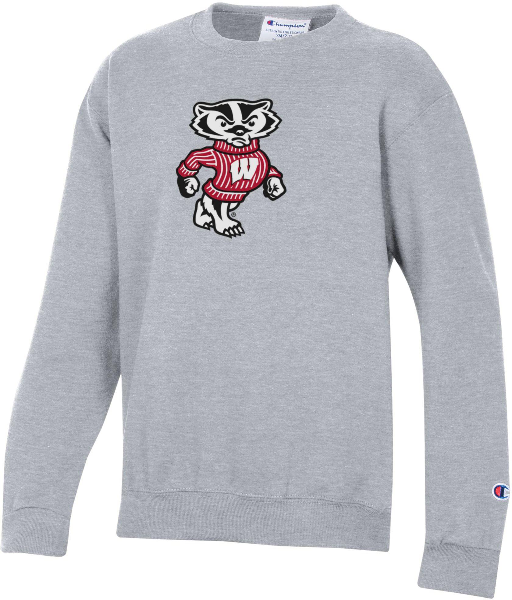Champion Youth Wisconsin Badgers Powerblend Fleece Grey Crewneck Sweatshirt