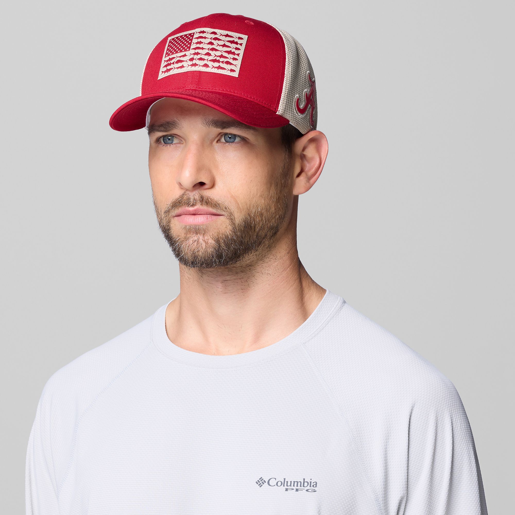 Columbia Adult Alabama Crimson Tide Red Mesh Fish Flag Flex Fit Hat
