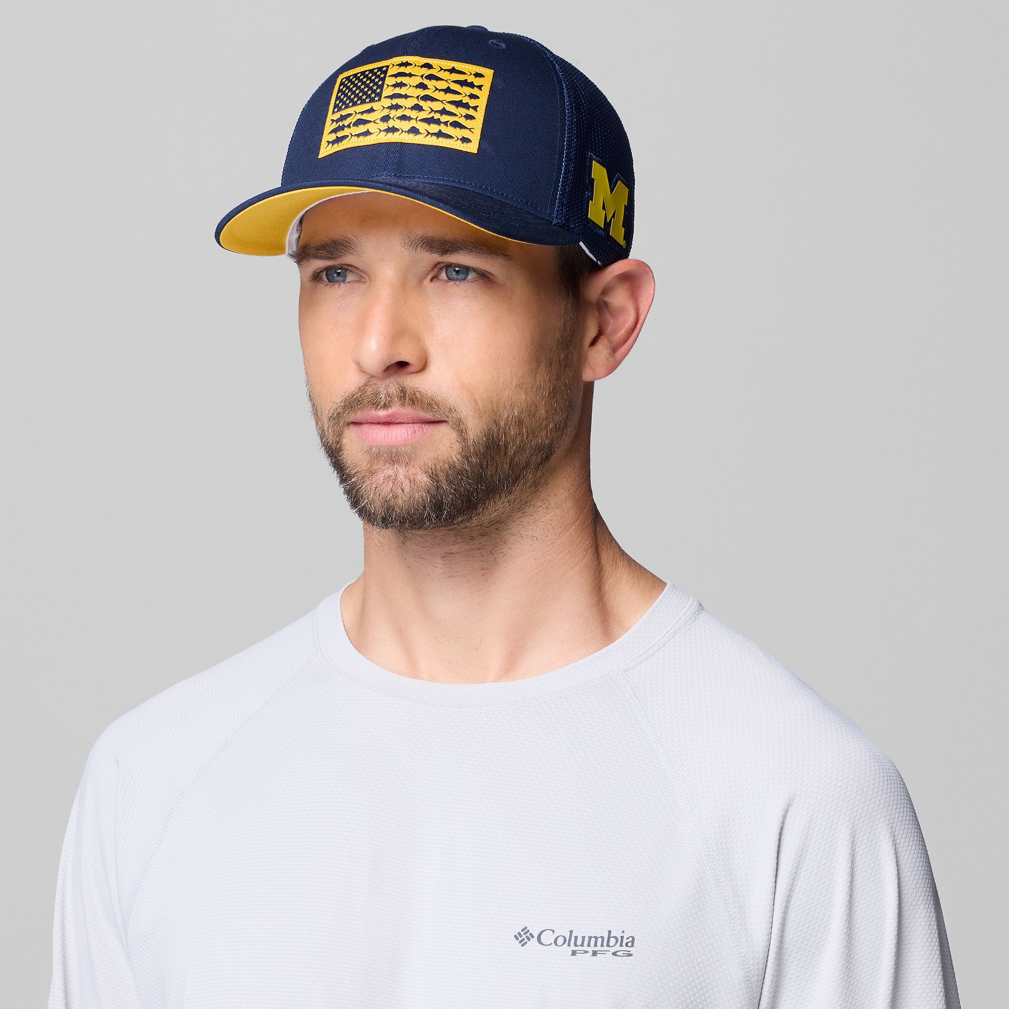 Columbia Adult Michigan Wolverines Navy Mesh Fish Flag Flex Fit Hat