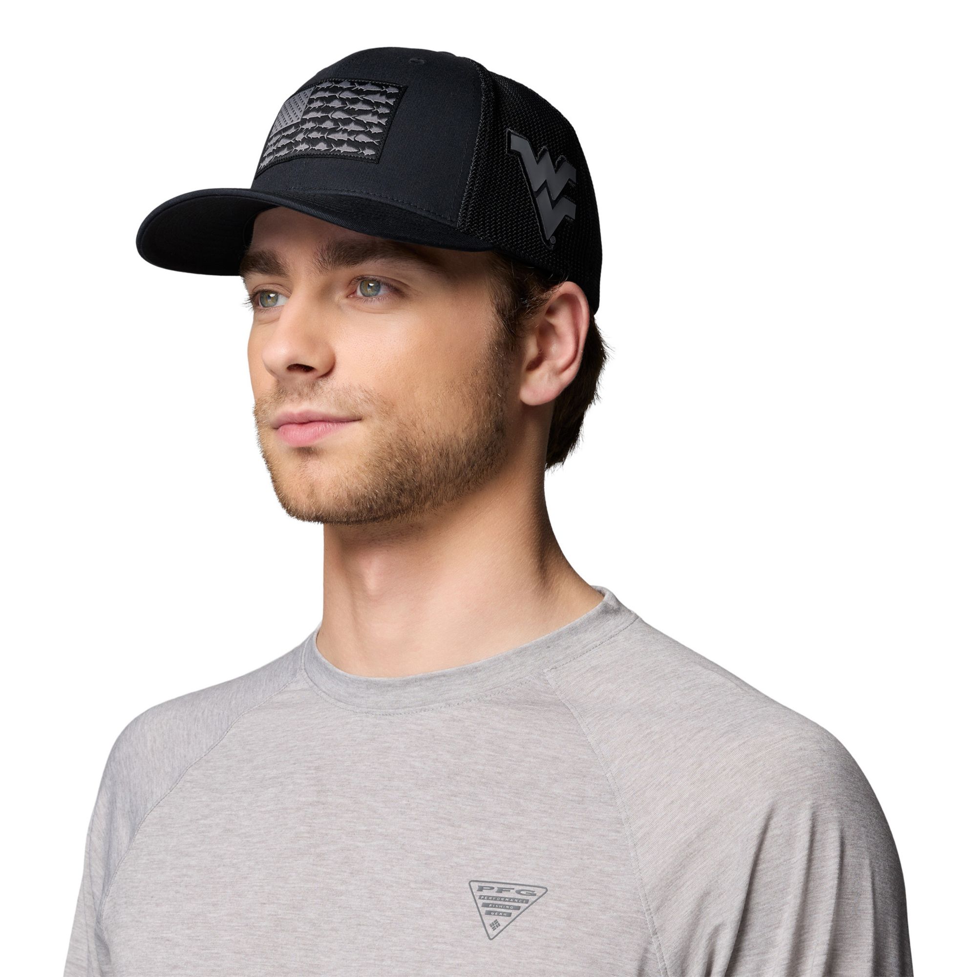 Columbia Adult West Virginia Mountaineers Black Mesh Fish Flag Flex Fit Hat