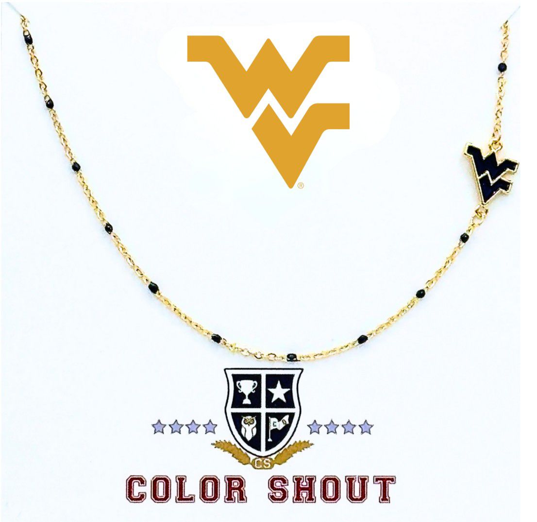 Color Shout Women's West Virginia Mountaineers Side Set College Logo Necklace With Enamel Beads