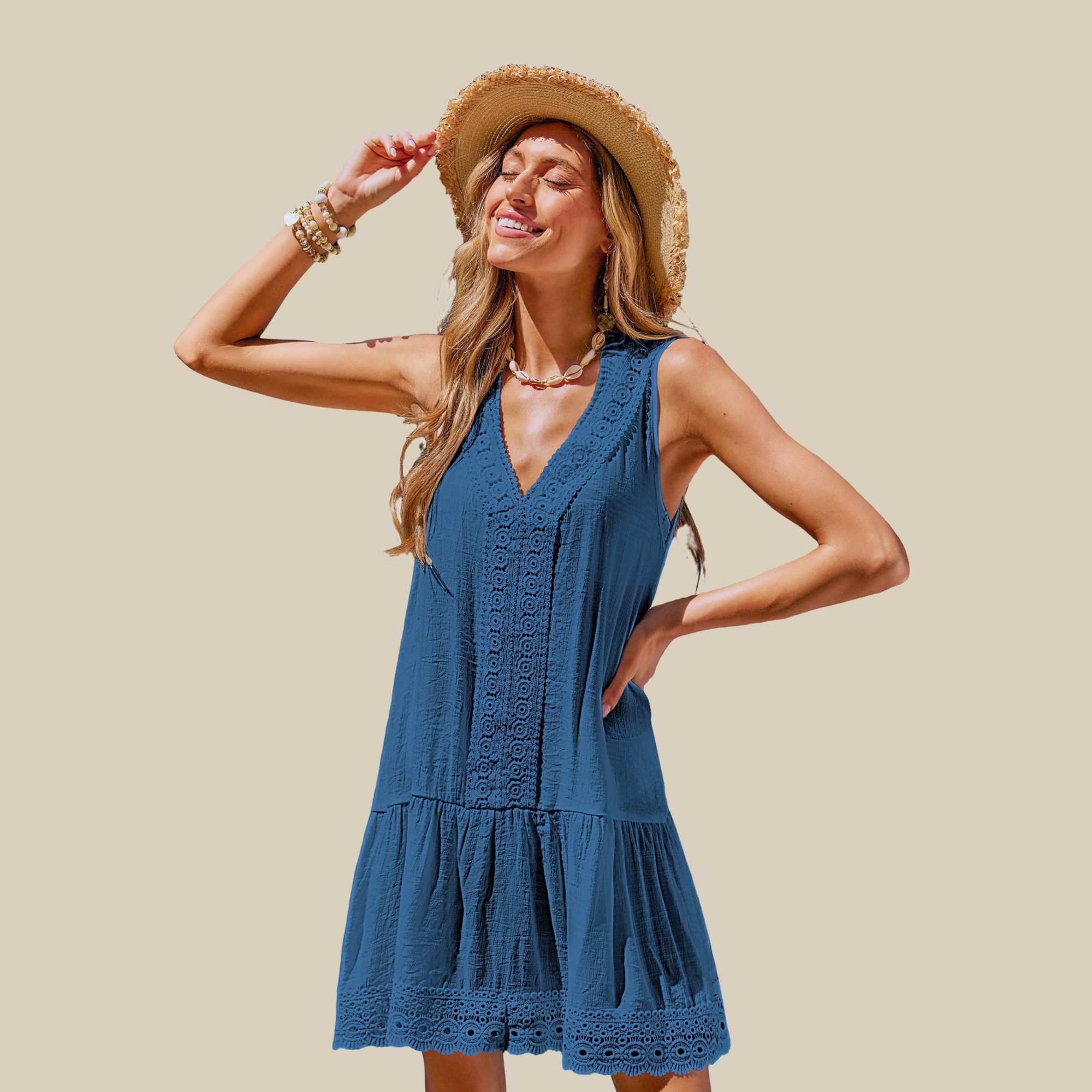 CUPSHE Women's Lace Trim V-Neck Sleeveless Cover-up Dress