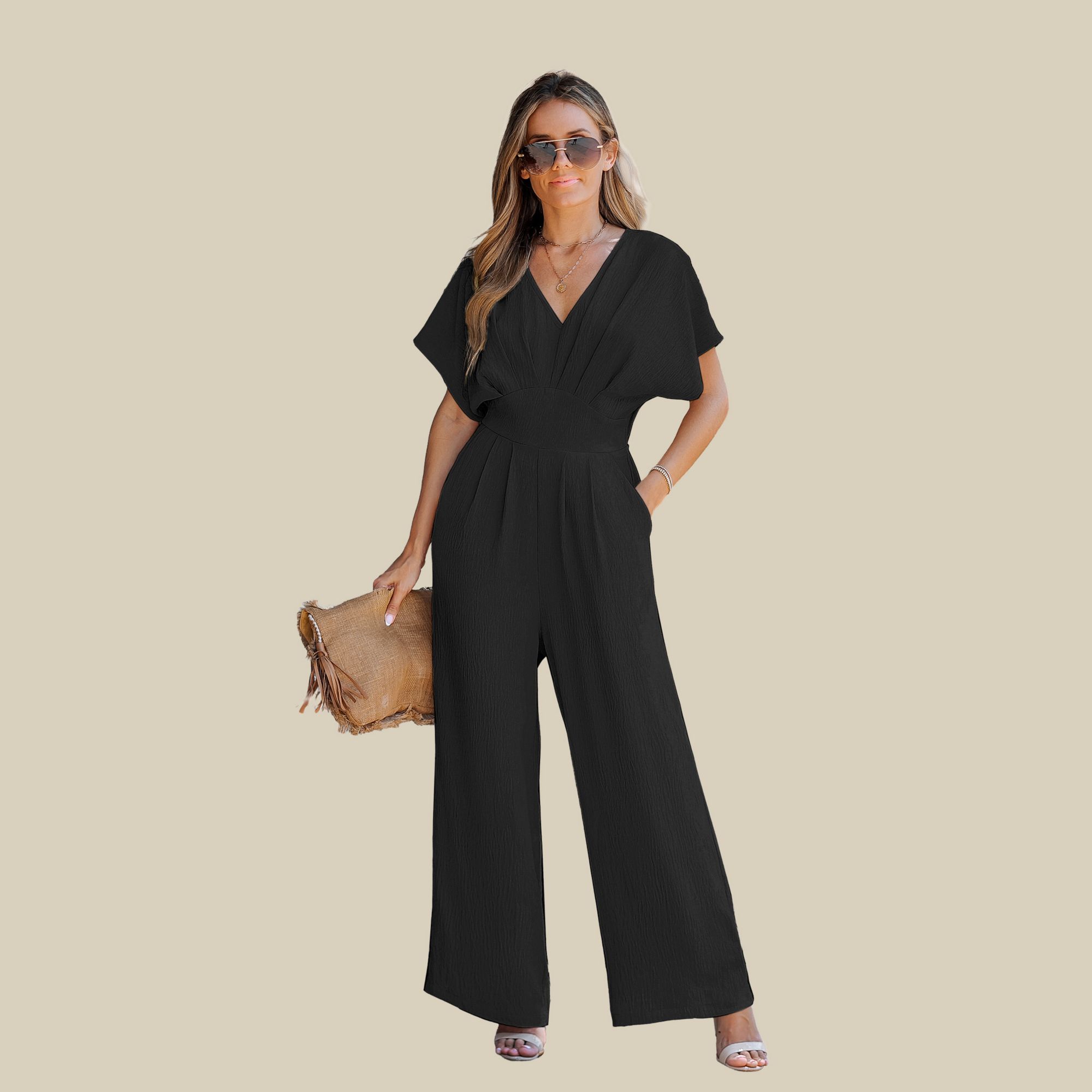Cupshe Women's Crinkled Chiffon Surplice V-Neck Wide-leg Jumpsuit