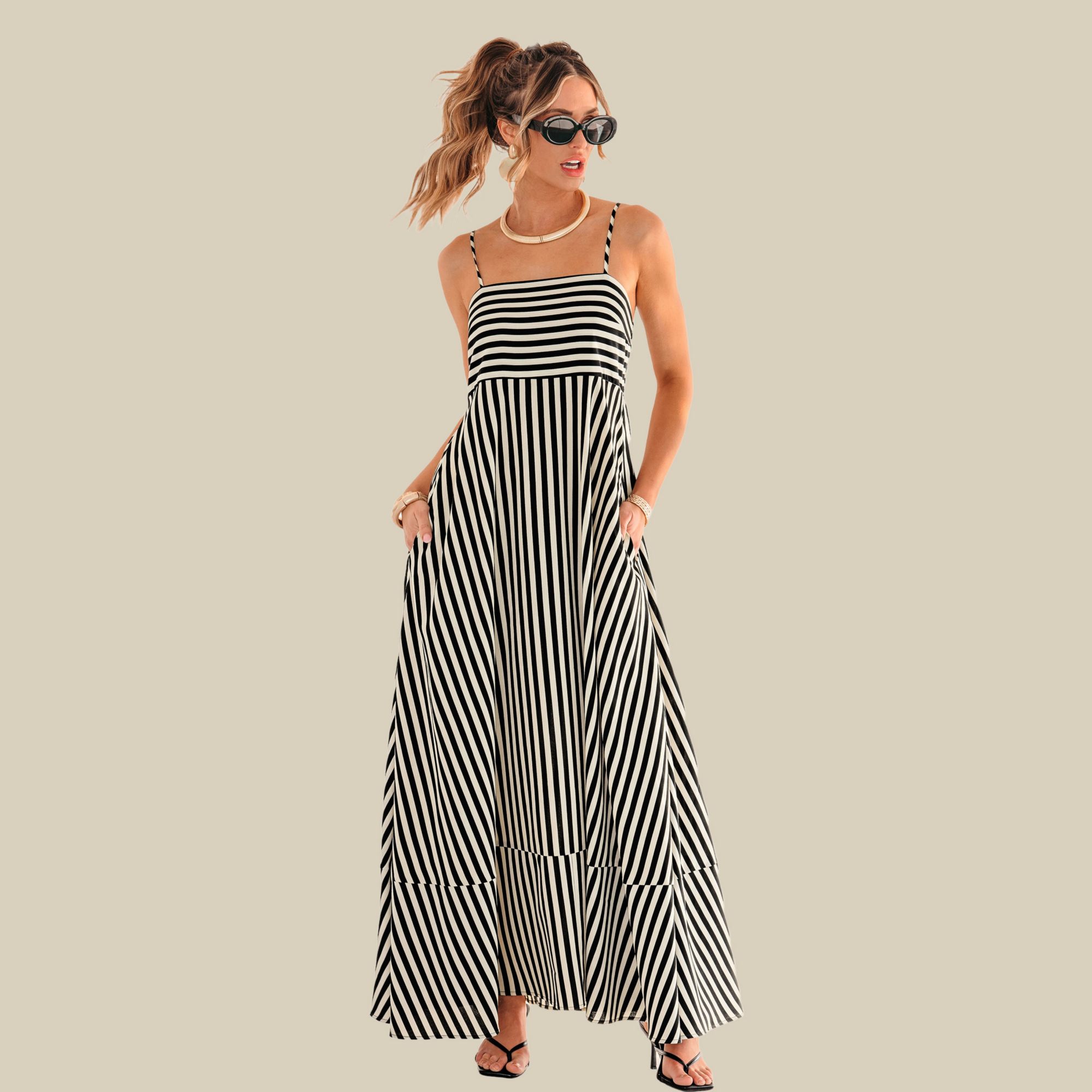 CUPSHE Women's Striped Boho Maxi Tiered Dress