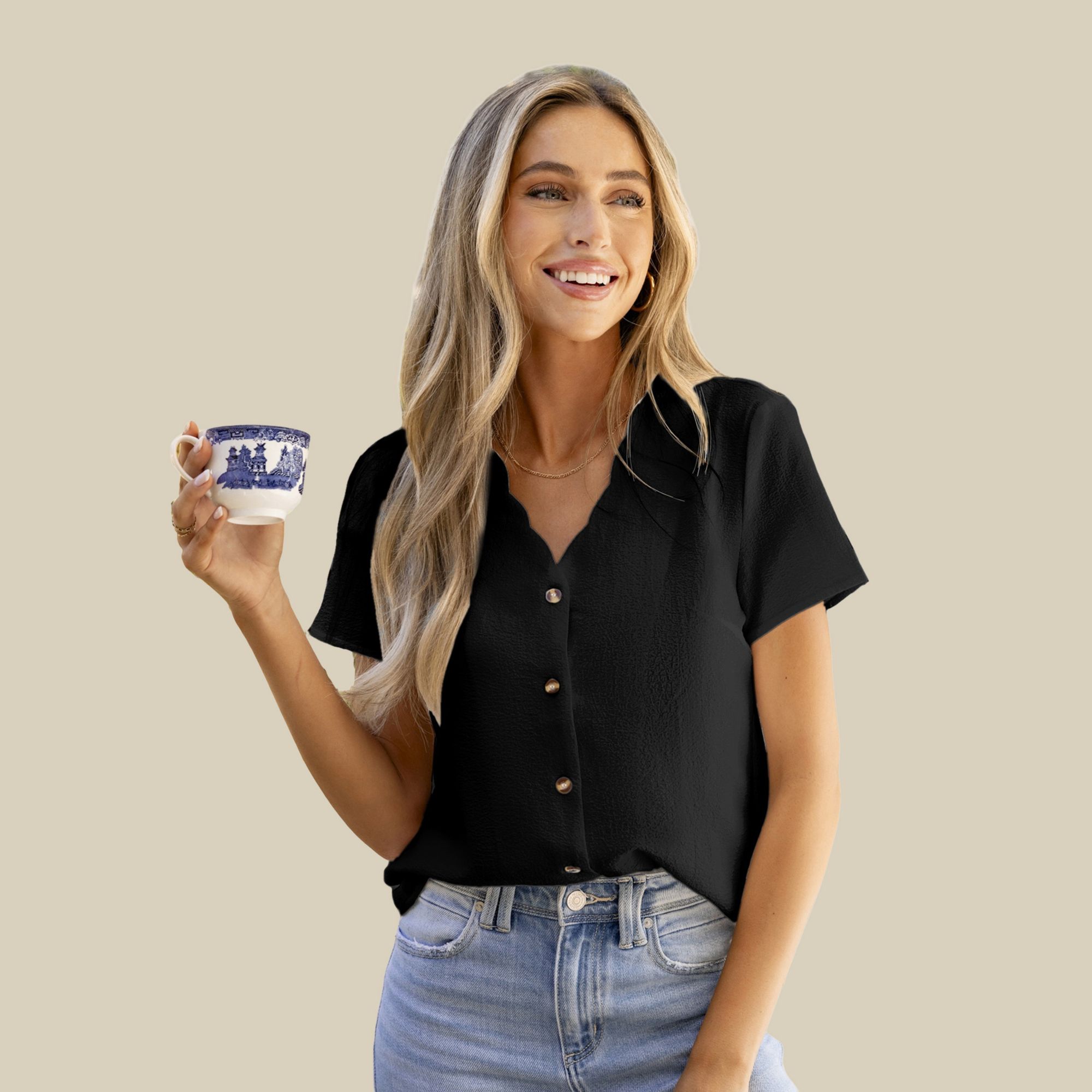 CUPSHE Women's Classic V-Neck Casual Blouse Shirt