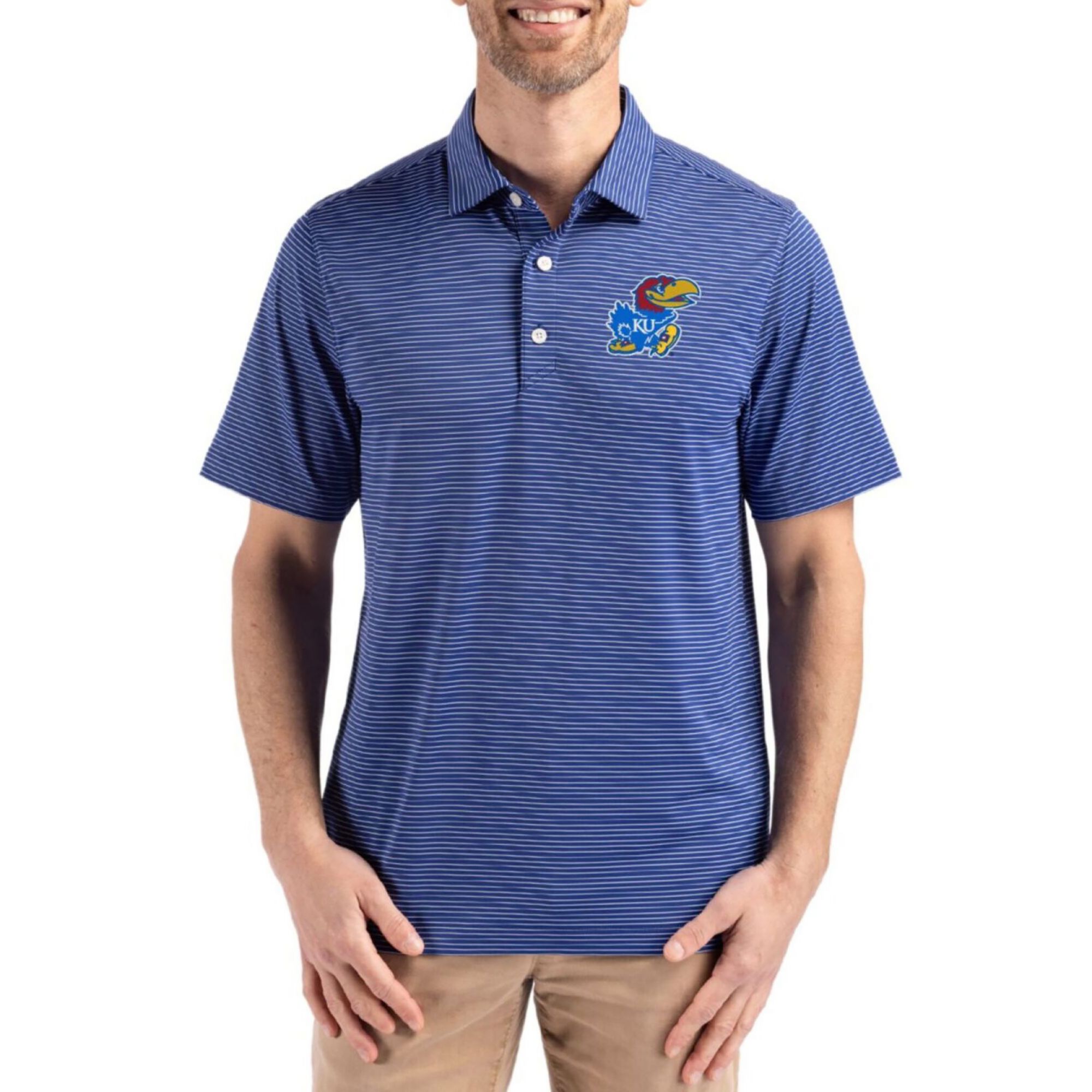 Cutter & Buck Men's Kansas Jayhawks Tour Blue and White Fine Line Polo