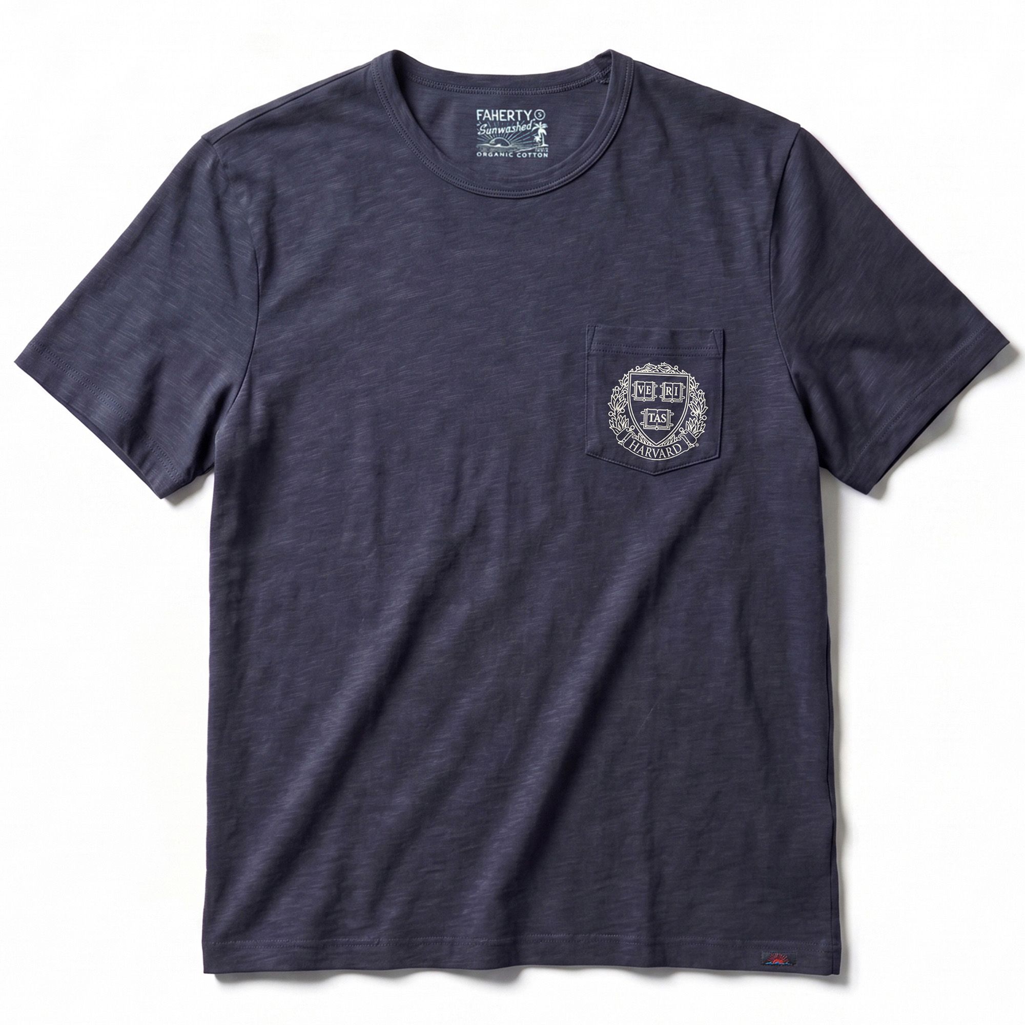 Faherty Men's Harvard Crimson Dune Navy Sunwashed Pocket T-Shirt