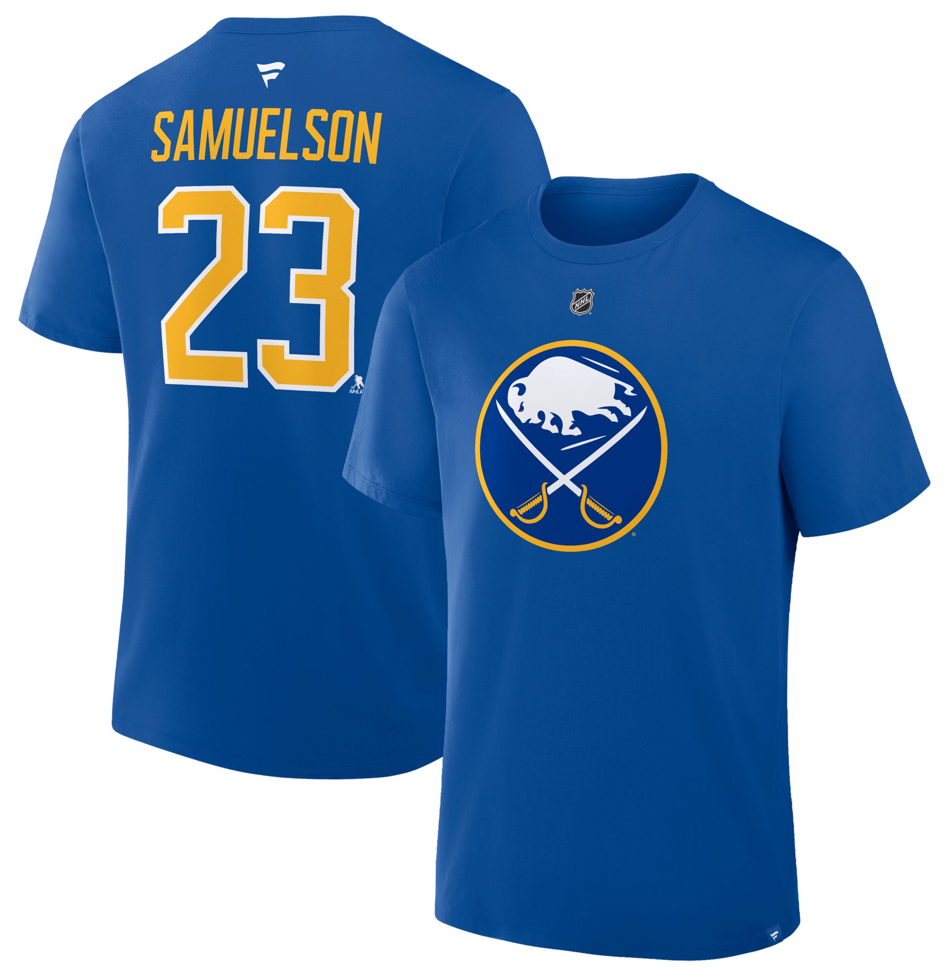 NHL Men's Buffalo Sabres Deep Royal Mattias Samuelsson #23 T-Shirt
