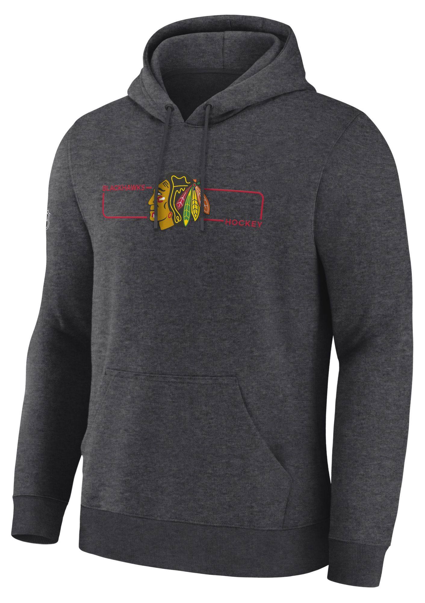 NHL Men's Chicago Blackhawks Charcoal Heather Rink Primary Fleece Pullover Hoodie