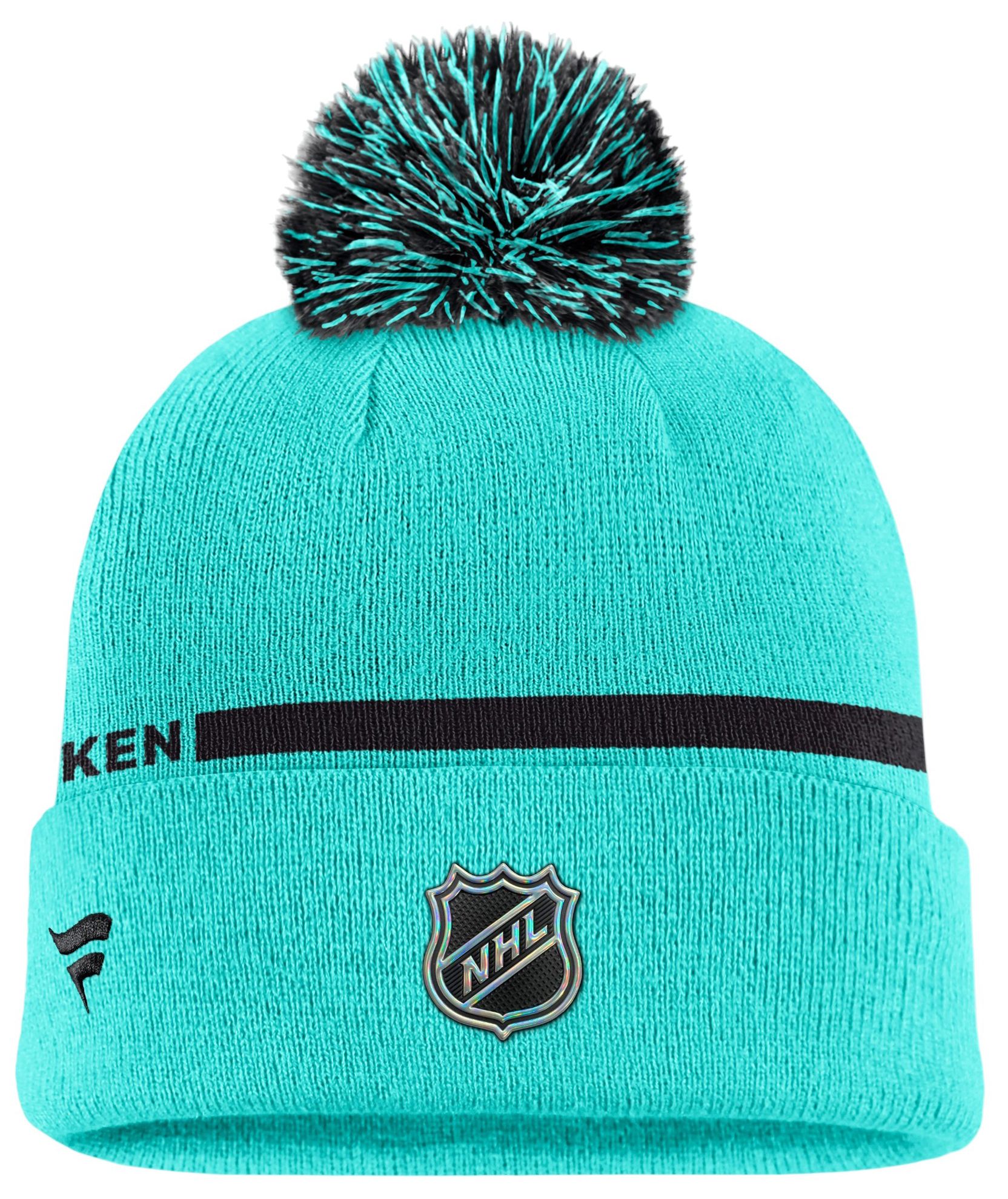 Fanatics Men's Light Blue Seattle Kraken Authentic Pro Alternate Cuffed Knit with Pom Hat - Turquoise, Black
