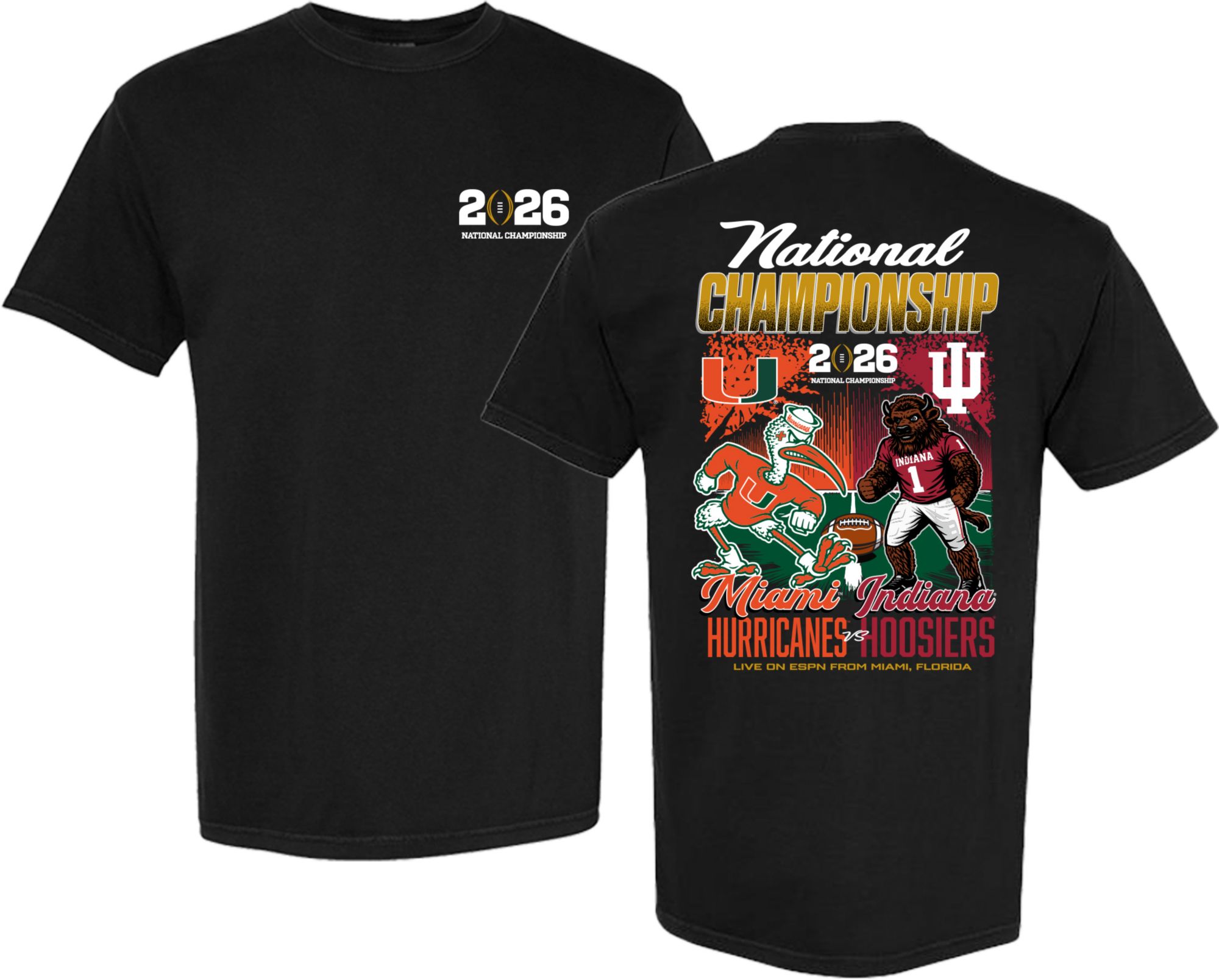 Something Inked Adult Indiana Hoosiers VS. Miami Hurricanes Dueling Mascot 2026 CFP National Championship Black T-Shirt