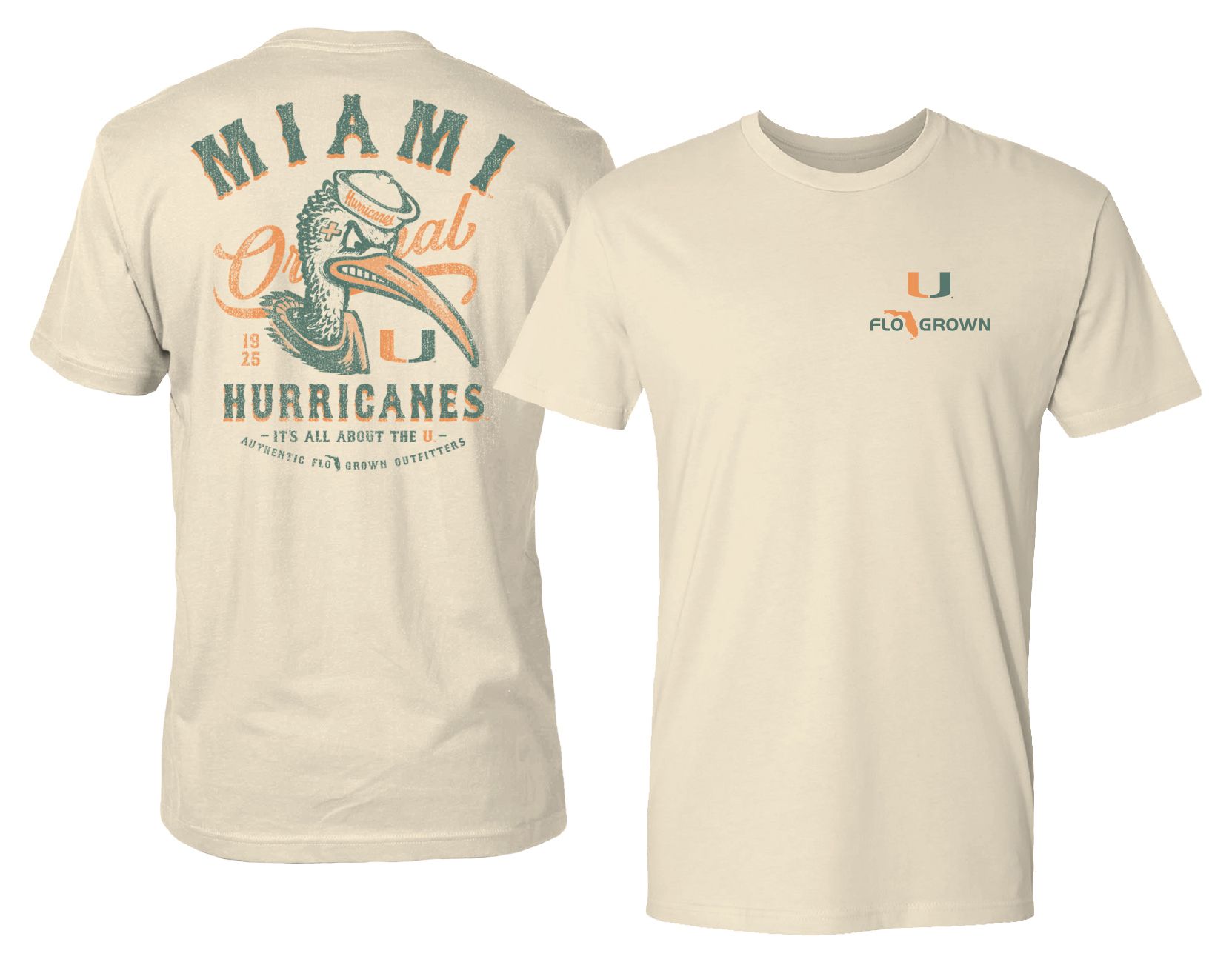 FloGrown Men's Miami Hurricanes Natural Vintage Mascot T-Shirt