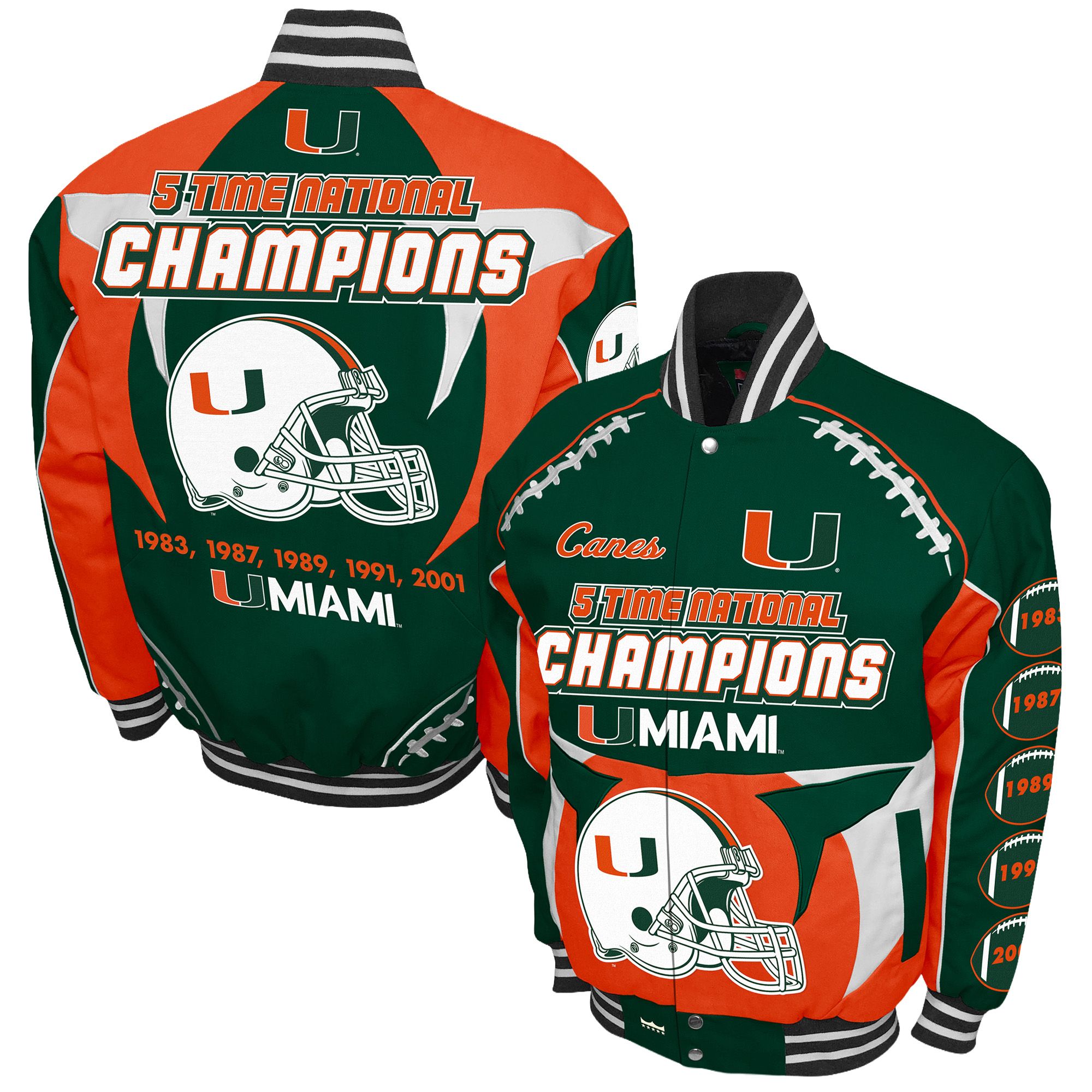 Franchise Club Men's Miami Hurricanes Green Commemorative Cotton Twill Jacket