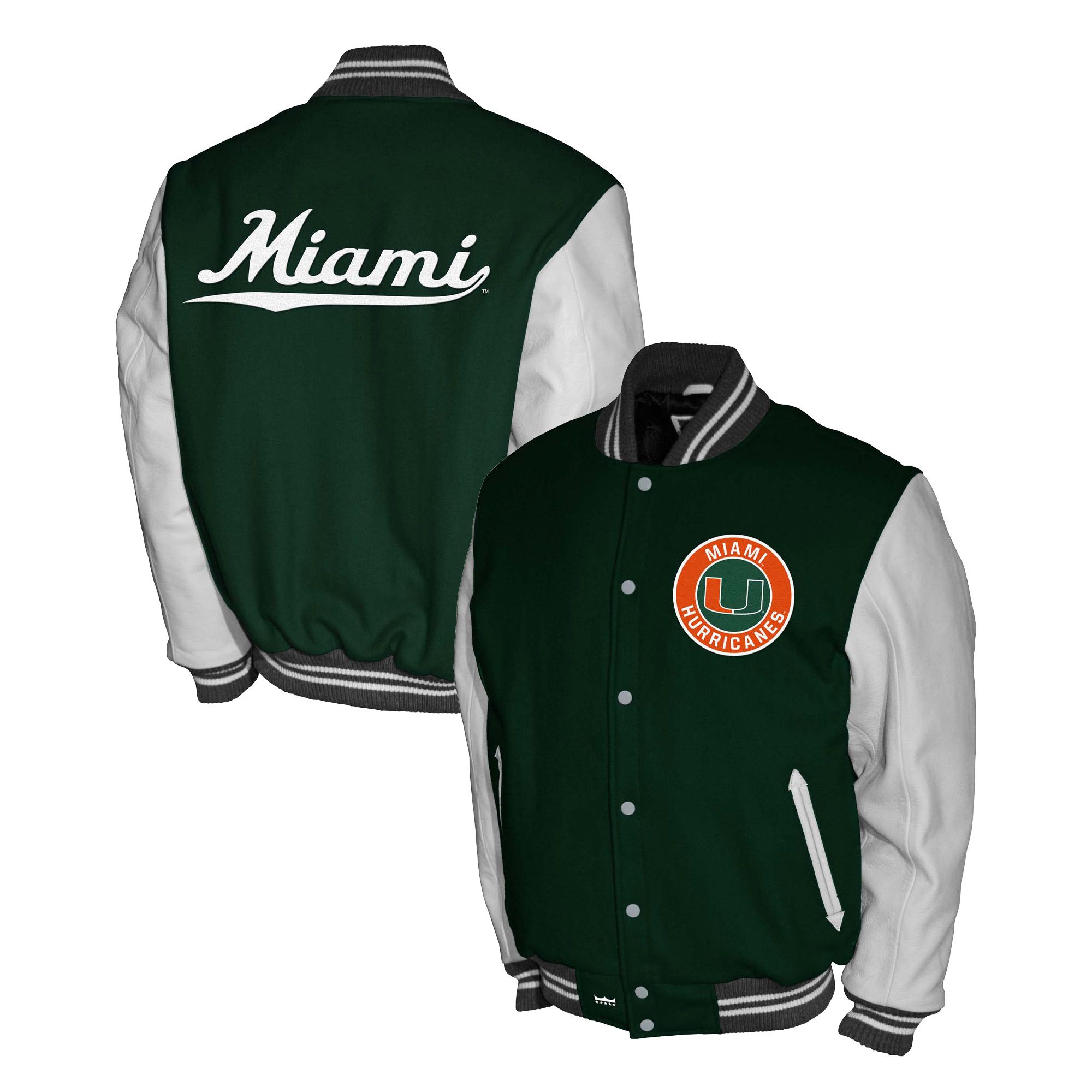 Franchise Club Men's Miami Hurricanes Green Club Fleece Varsity Jacket