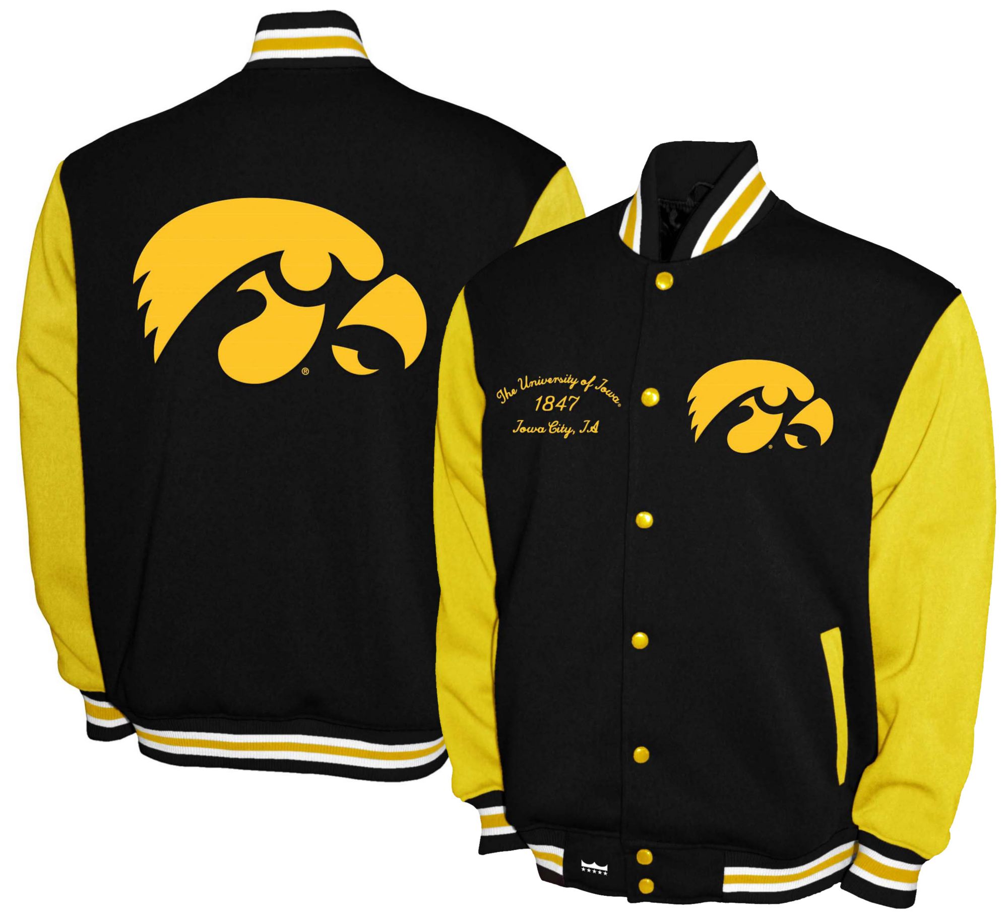 Franchise Club Men's Iowa Hawkeyes Black Fleece Varsity Jacket