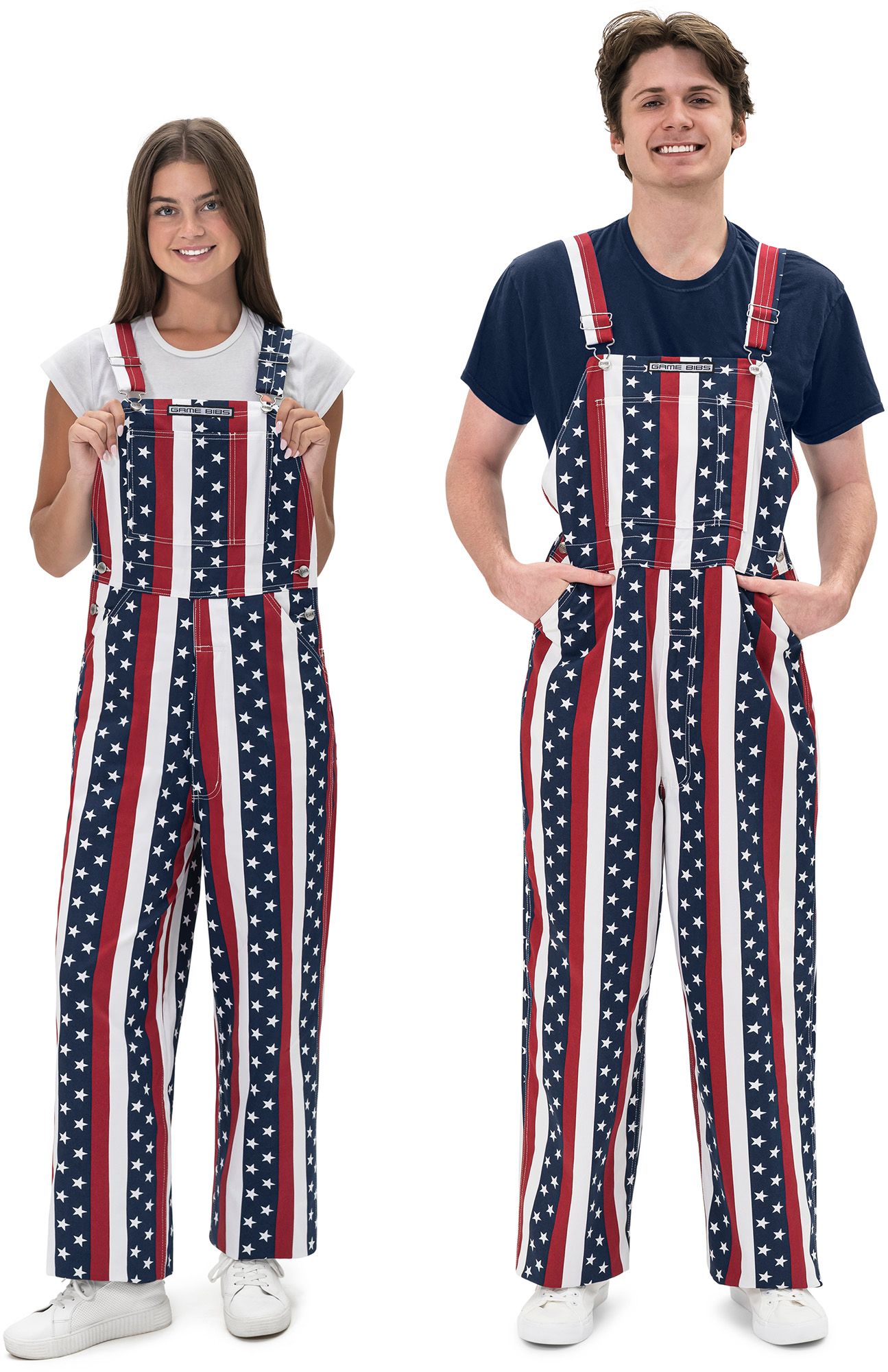 Game Bibs Adult Red/White/Blue Striped Overalls
