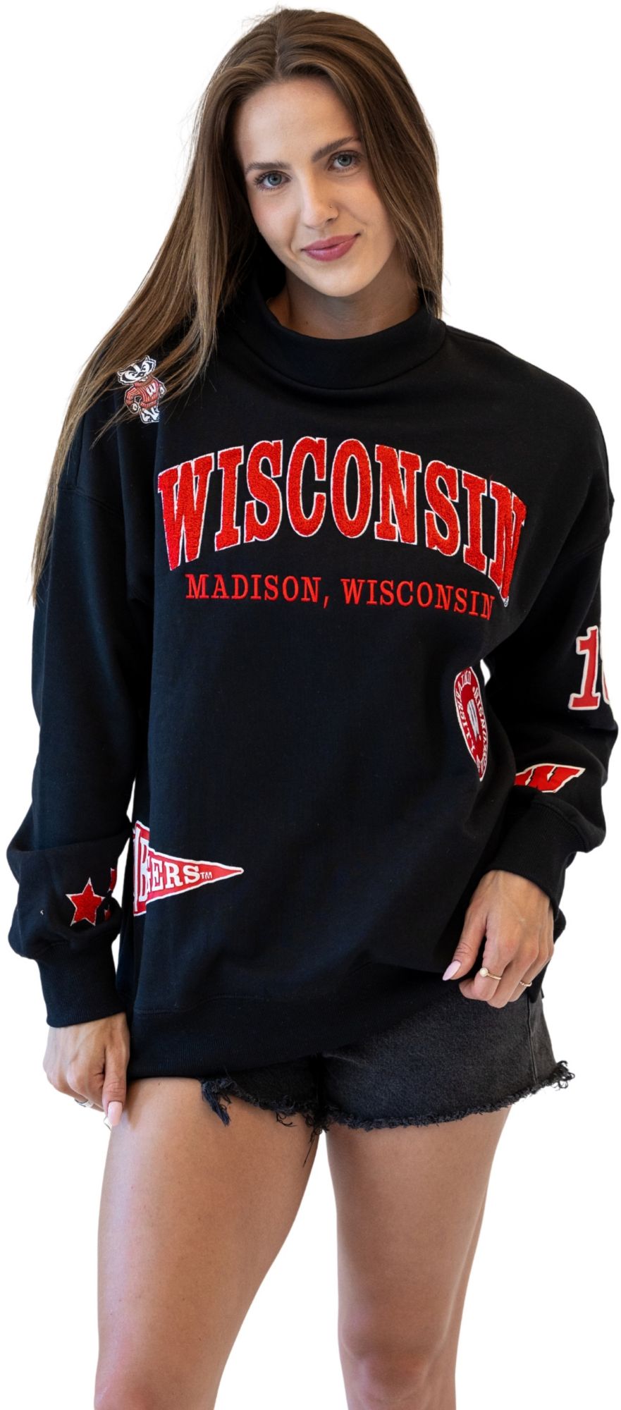 Gameday Social Women's Wisconsin Badgers Black All Over Scatter Crewneck Sweatshirt