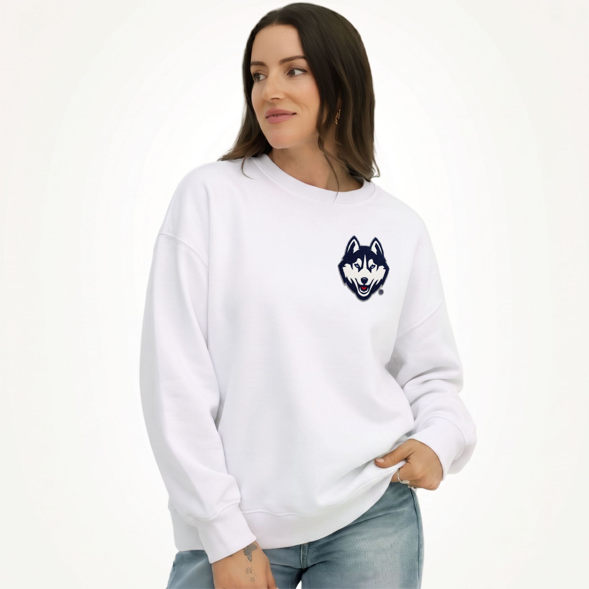 Gameday Social Women's UConn Huskies White Suave Suede Crewneck Sweatshirt