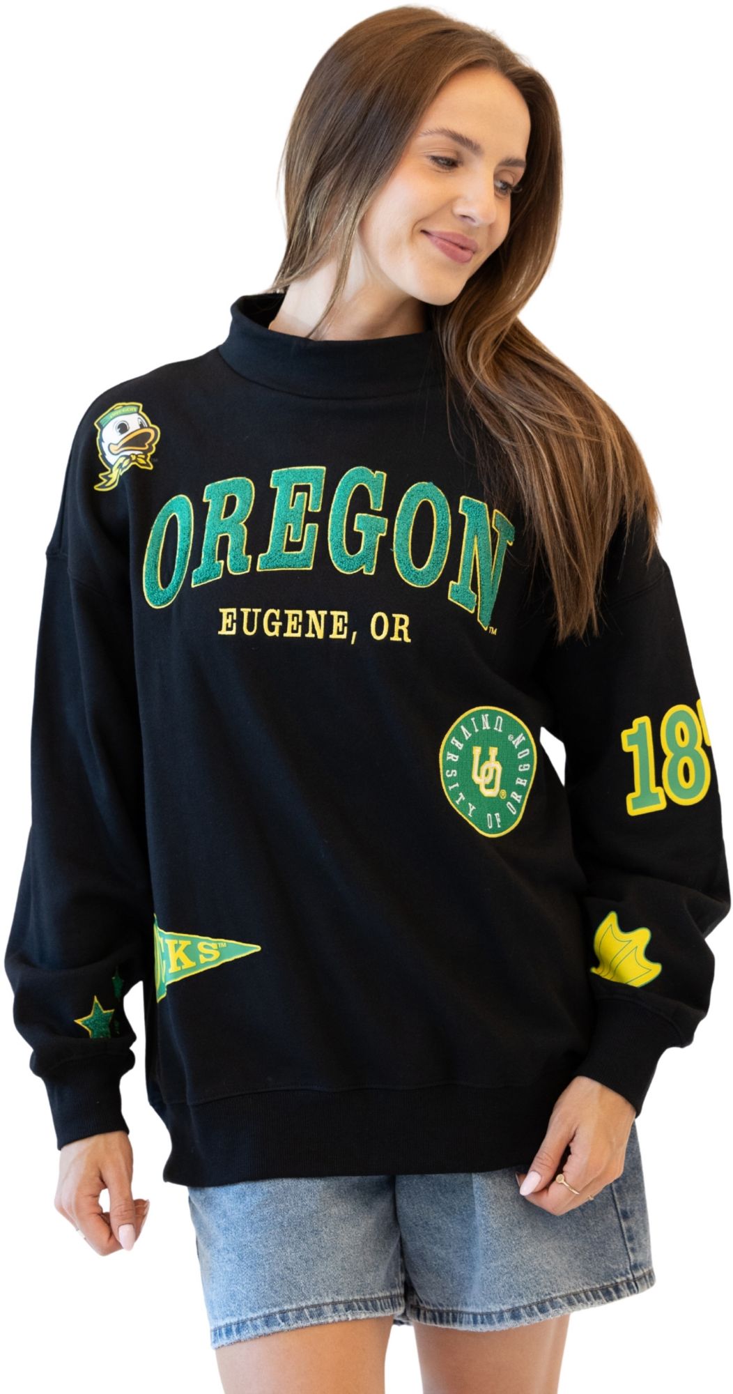 Gameday Social Women's Oregon Ducks Black All Over Scatter Crewneck Sweatshirt