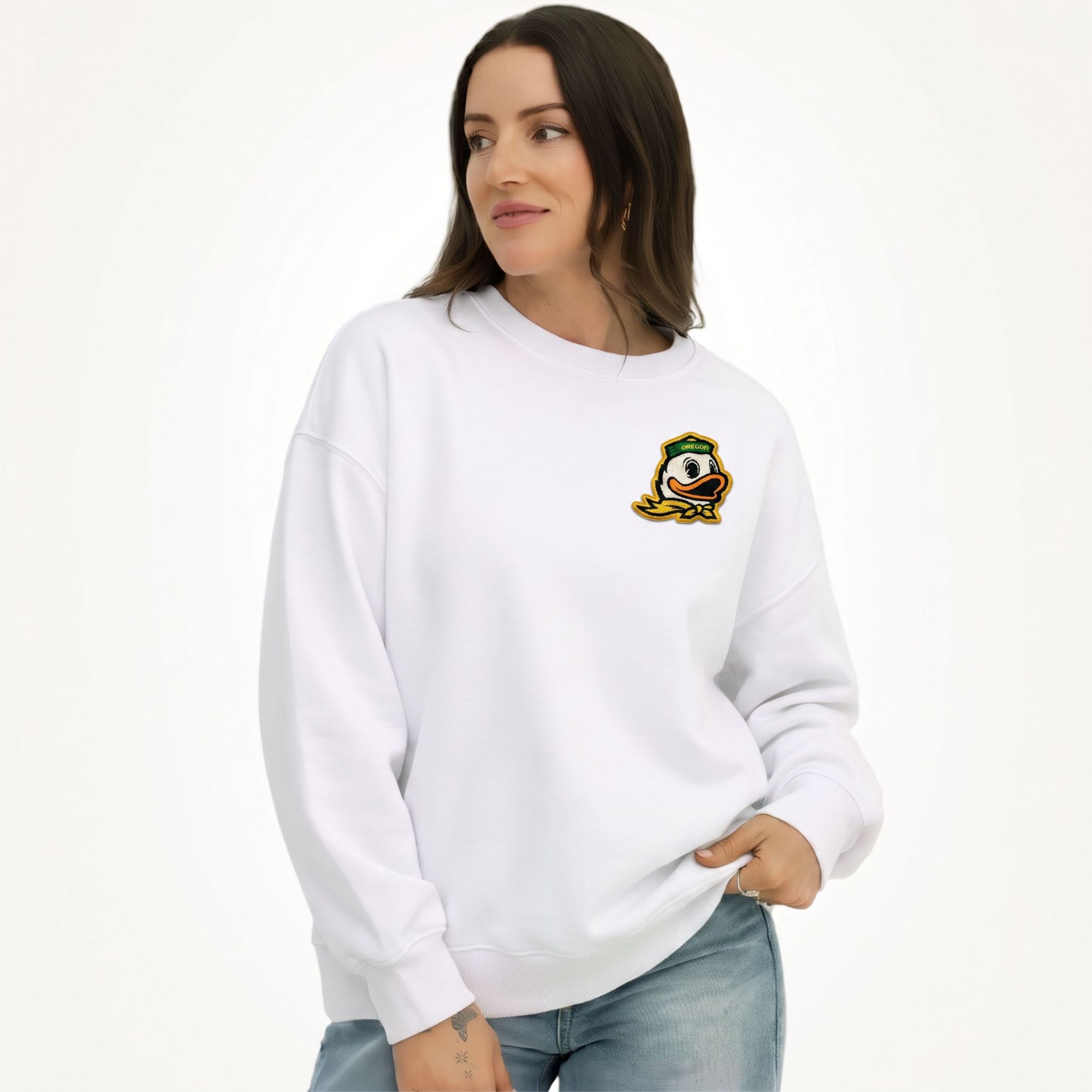 Gameday Social Women's Oregon Ducks White Suave Suede Crewneck Sweatshirt