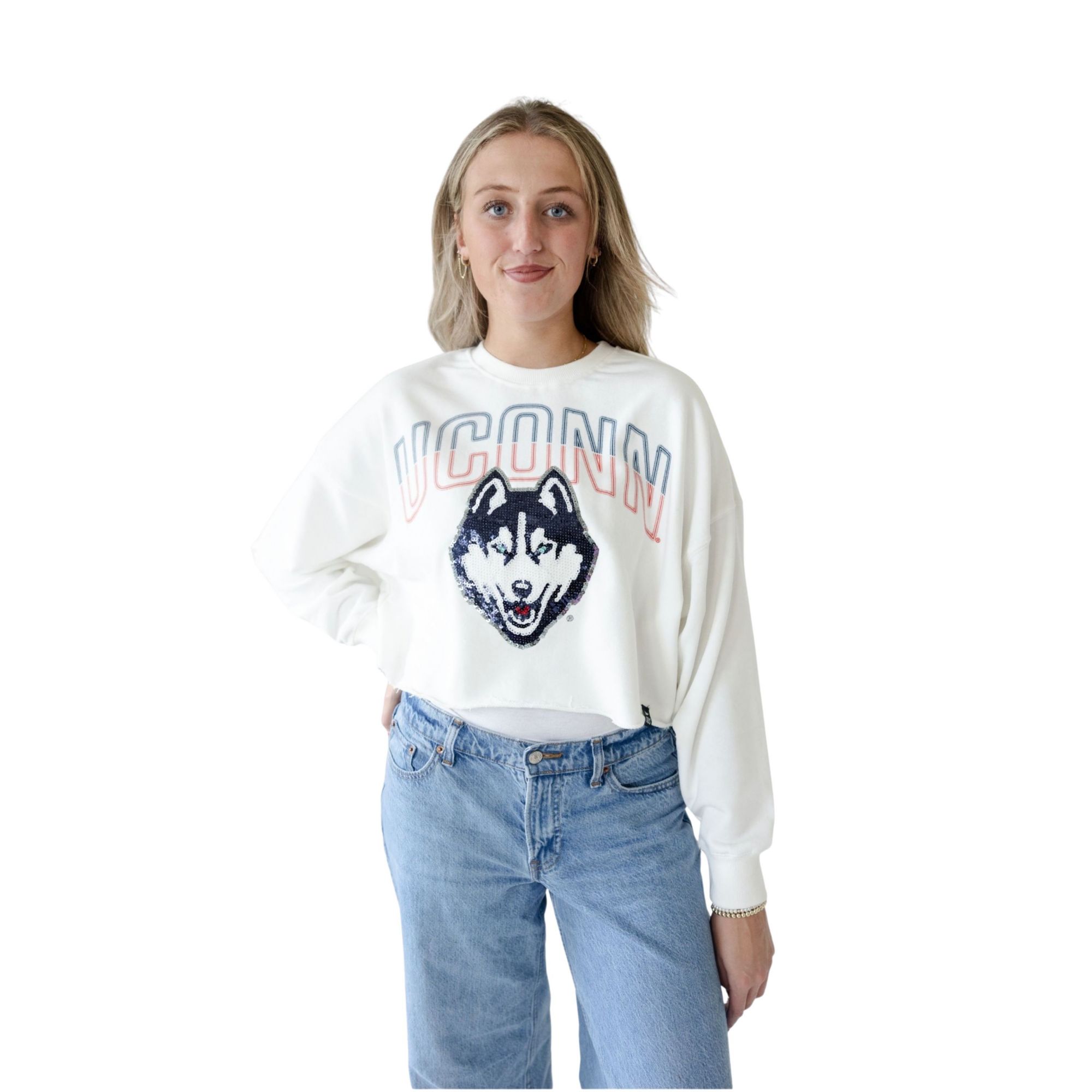 Gameday Social Women's UConn Huskies White Starlite Crewneck Sweatshirt