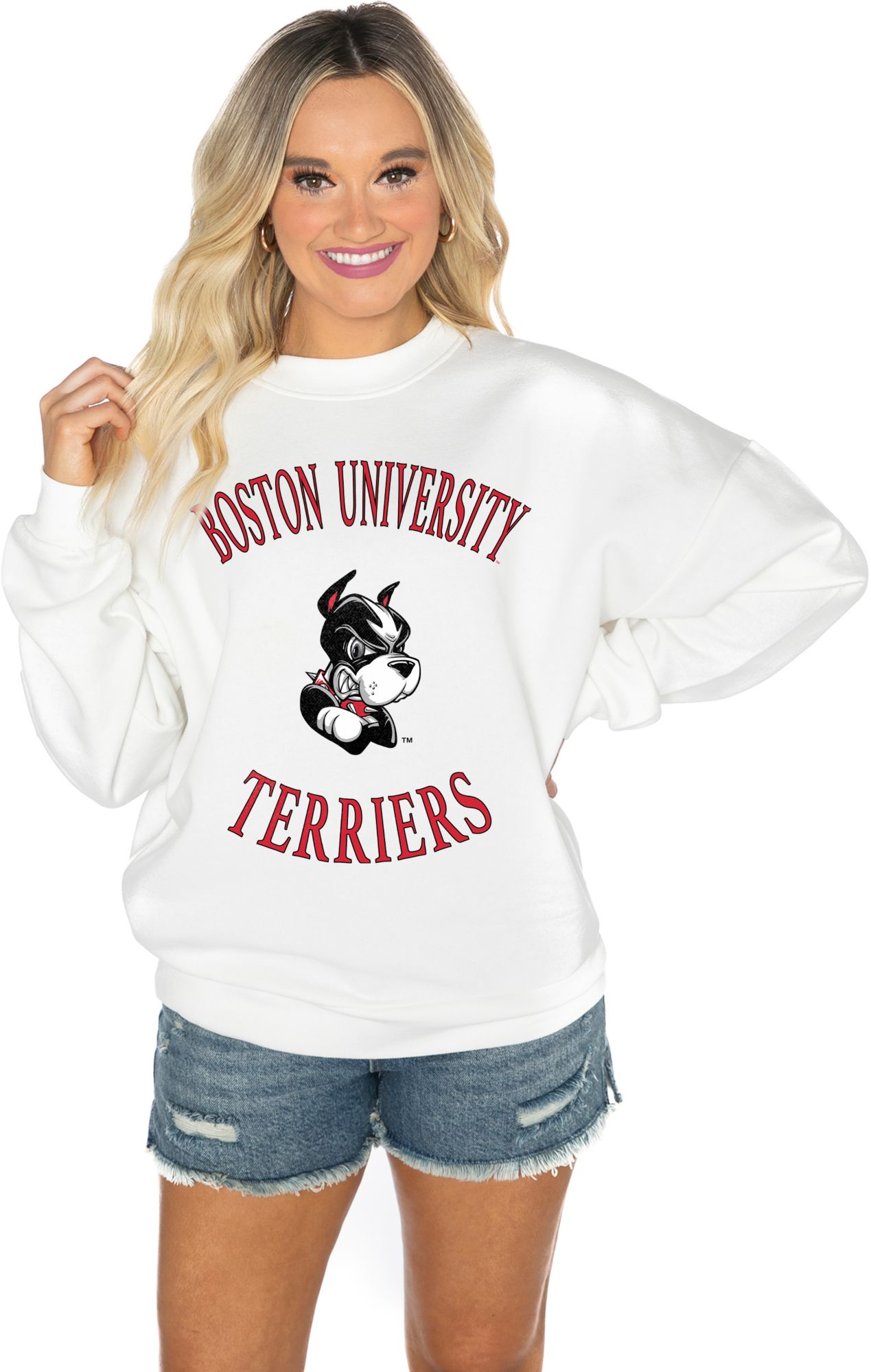 Gameday Couture Women's Boston Terriers White Premium Fleece Drop Shoulder Sweatshirt