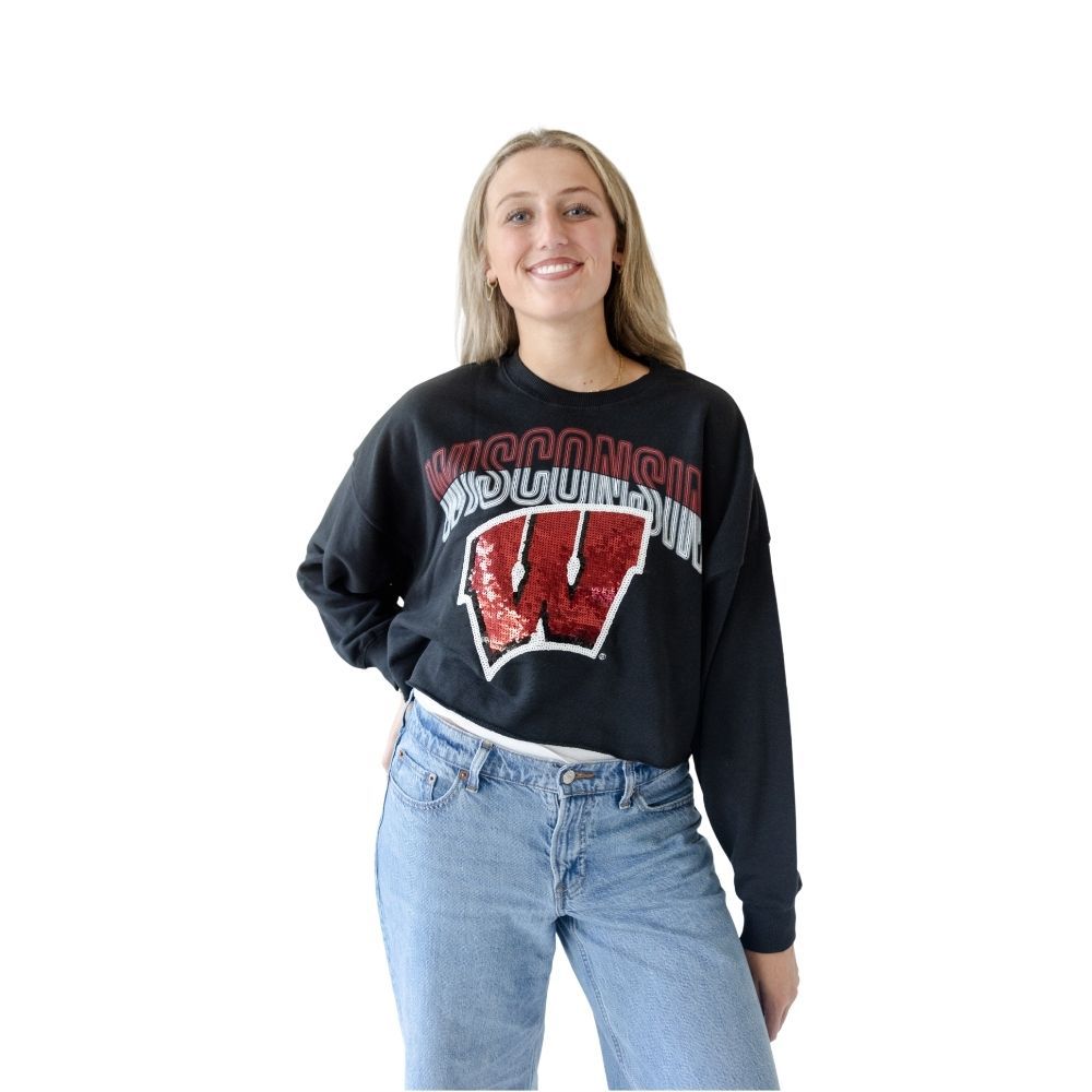 Gameday Social Women's Wisconsin Badgers Black Starlite Crewneck Sweatshirt