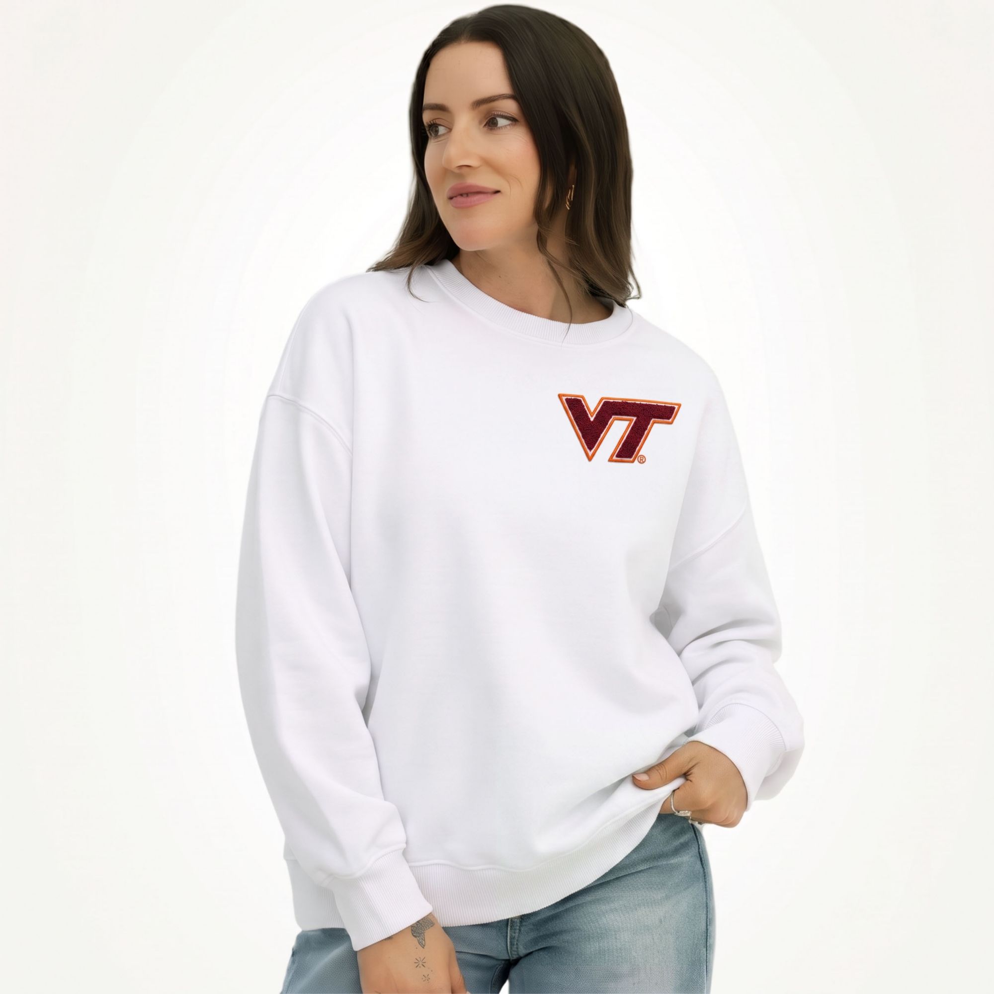 Gameday Social Women's Virginia Tech Hokies White Suave Suede Crewneck Sweatshirt