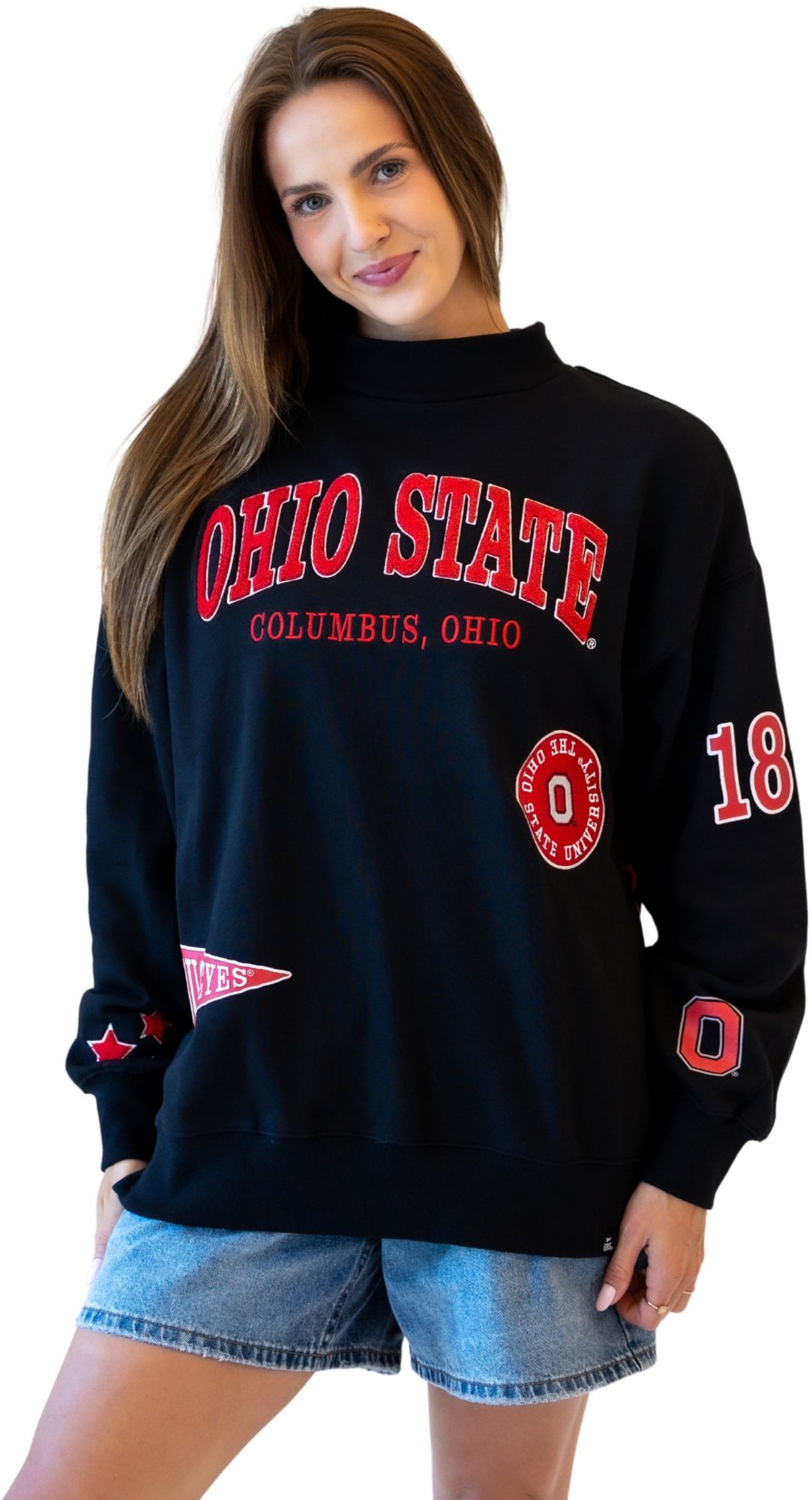 Game Day Social Women's Ohio State Buckeyes Black All Over Print Crewneck Sweatshirt