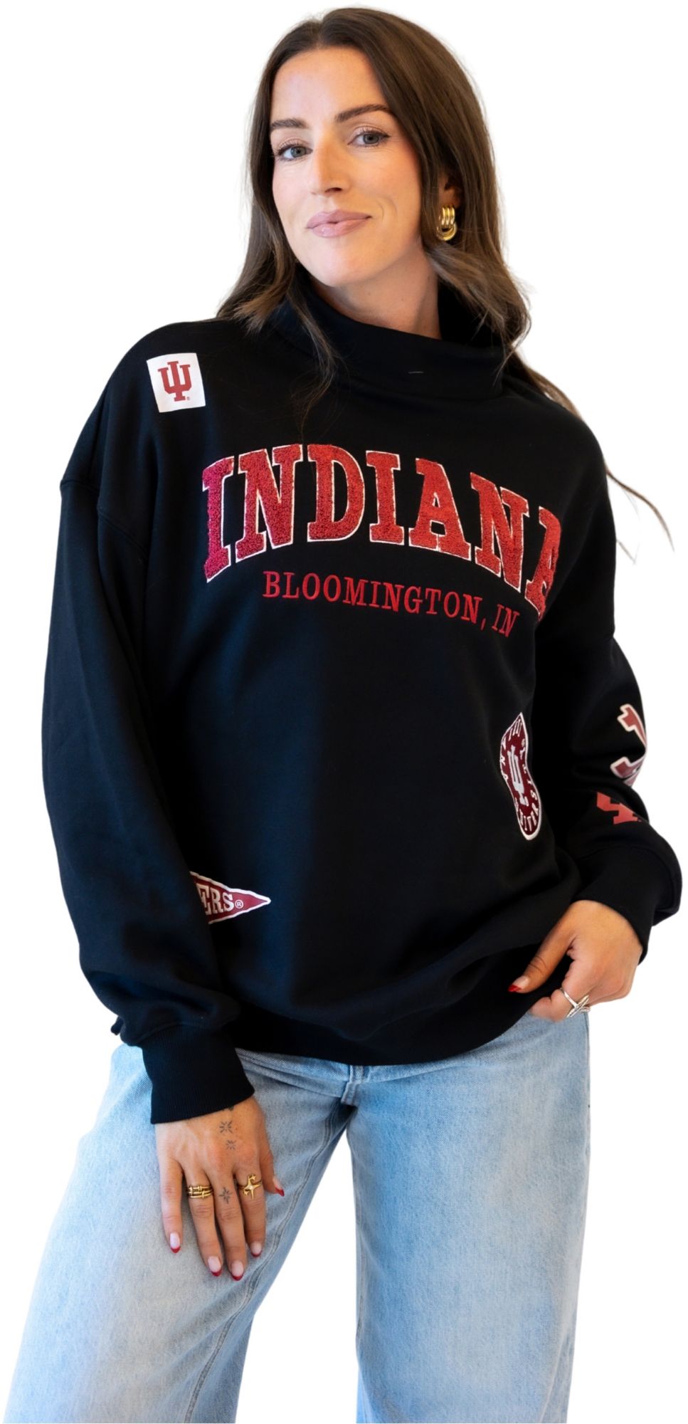 Gameday Social Women's Indiana Hoosiers Black All Over Scatter Crewneck Sweatshirt