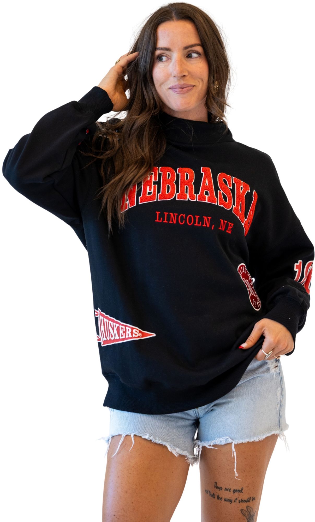 Gameday Social Women's Nebraska Cornhuskers Black All Over Scatter Crewneck Sweatshirt