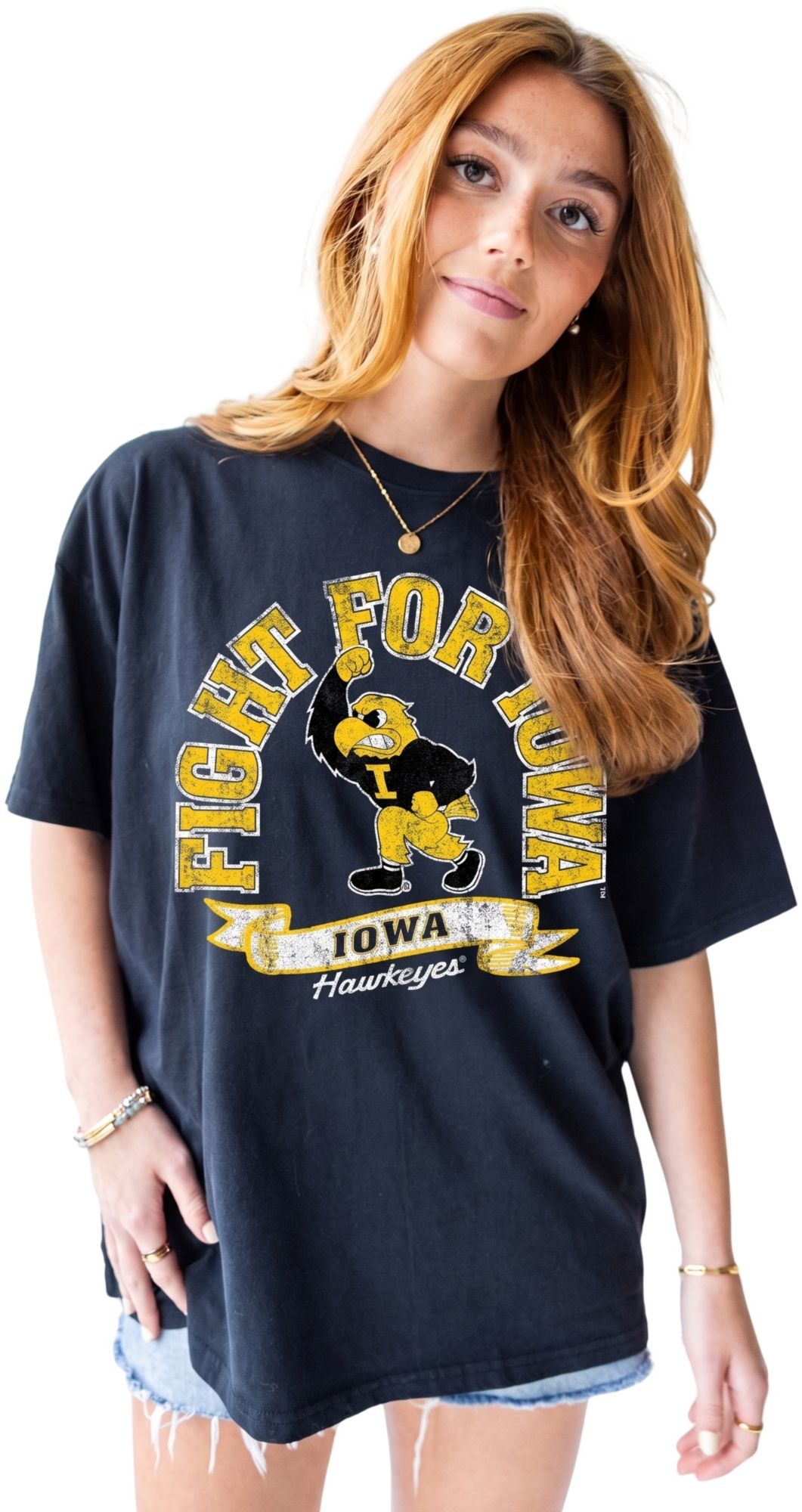 Game Day Social Women's Iowa Hawkeyes Washed Black Gameday Glam Roundabaout T-Shirt