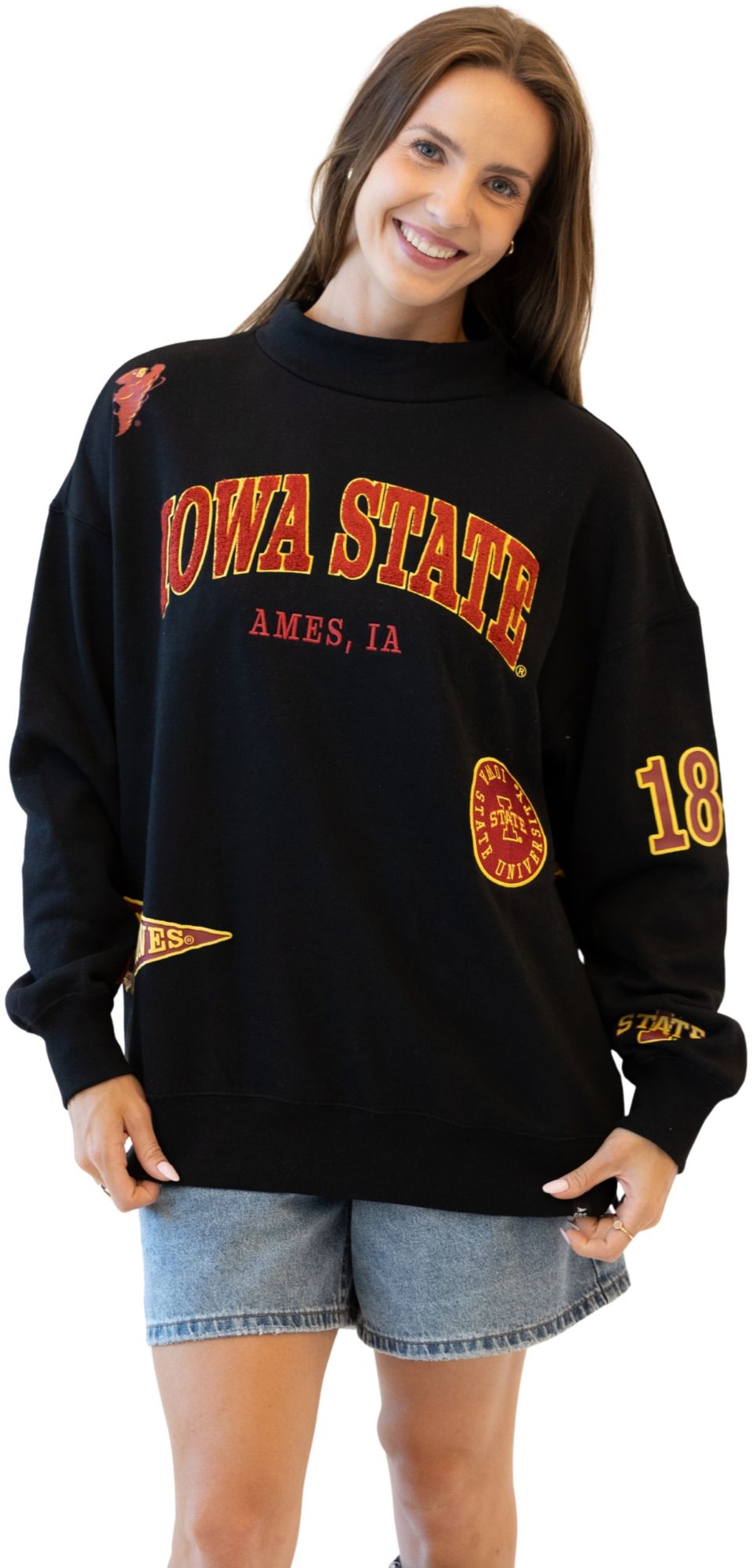 Gameday Social Women's Iowa State Cyclones Black All Over Scatter Crewneck Sweatshirt
