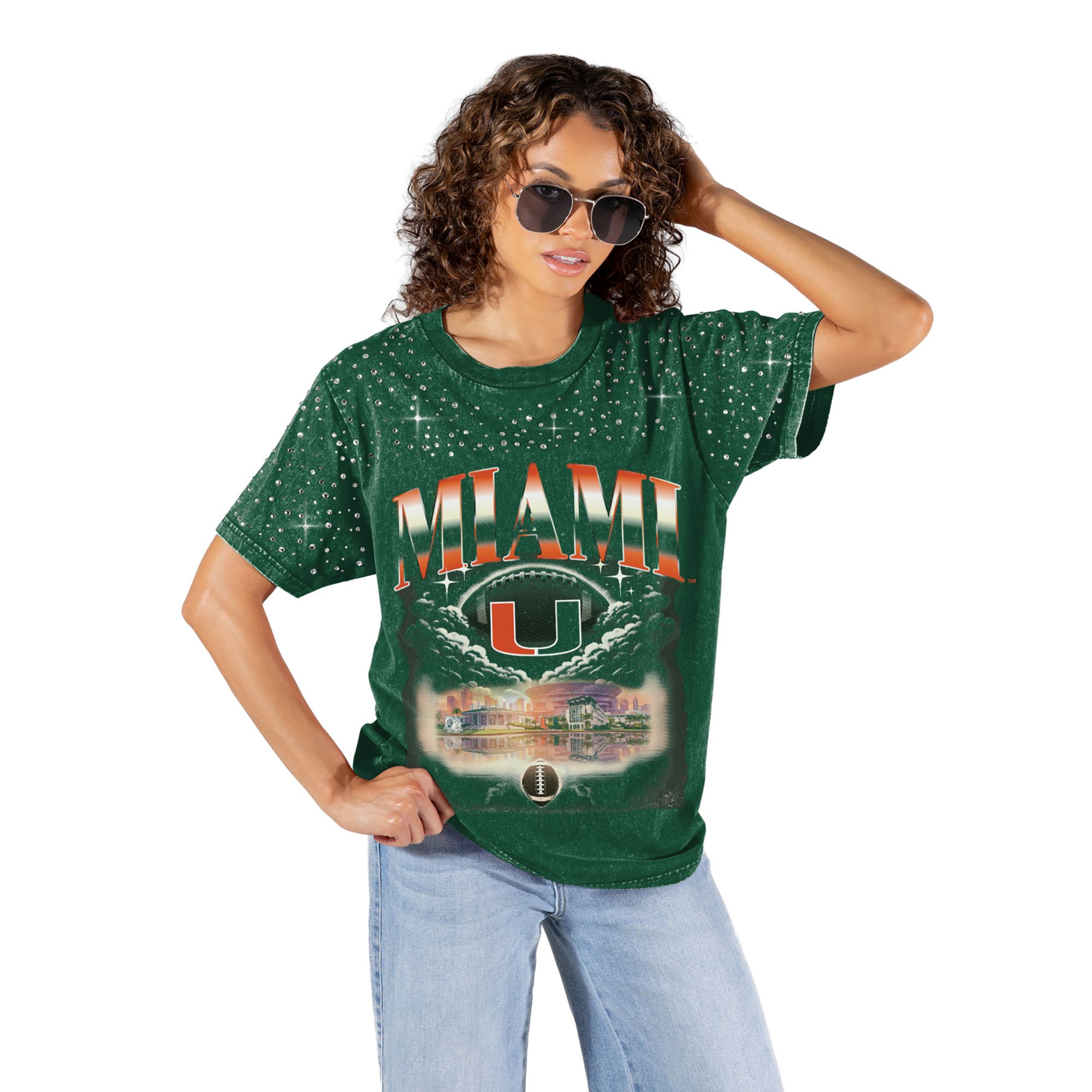 Gameday Couture Women's Miami Hurricanes Green Sky's the Limit Rhinestone T-Shirt