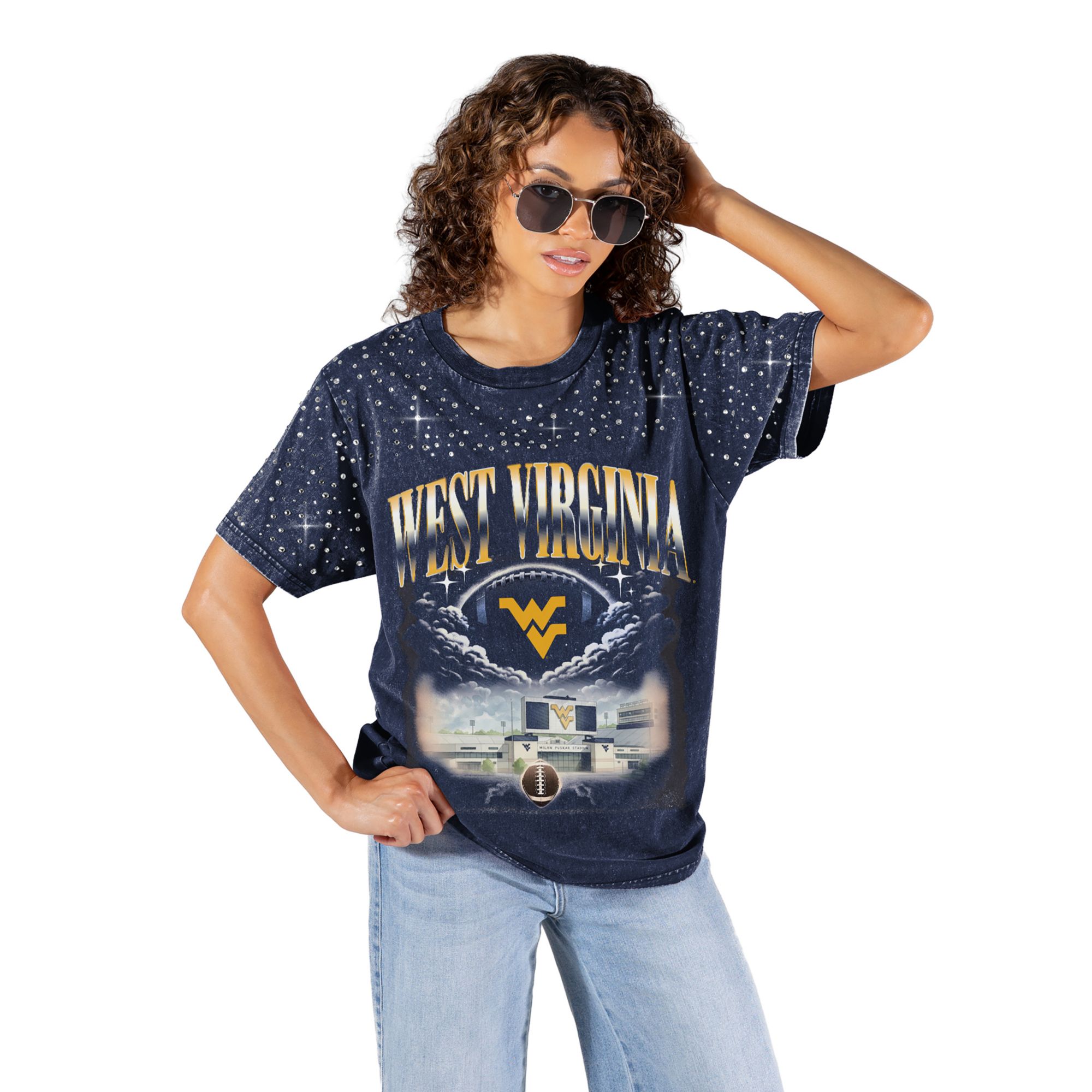 Gameday Couture Women's West Virginia Mountaineers Navy Sky's the Limit Rhinestone T-Shirt