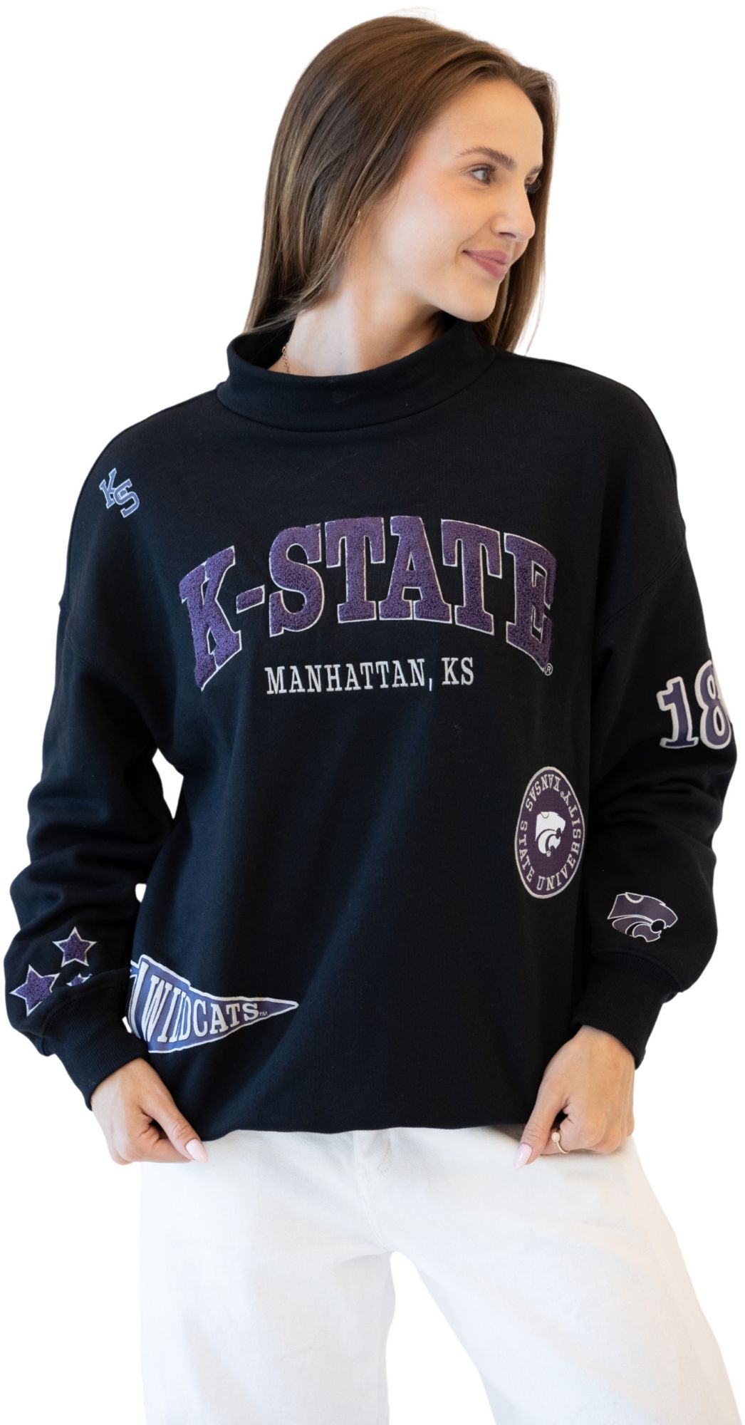 Gameday Social Women's Kansas State Wildcats Black All Over Scatter Crewneck Sweatshirt