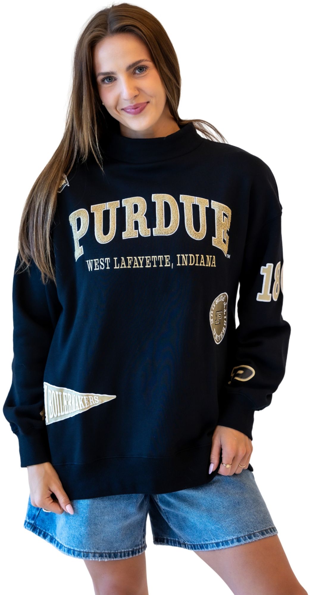 Gameday Social Women's Purdue Boilermakers Black All Over Print Crewneck Sweatshirt